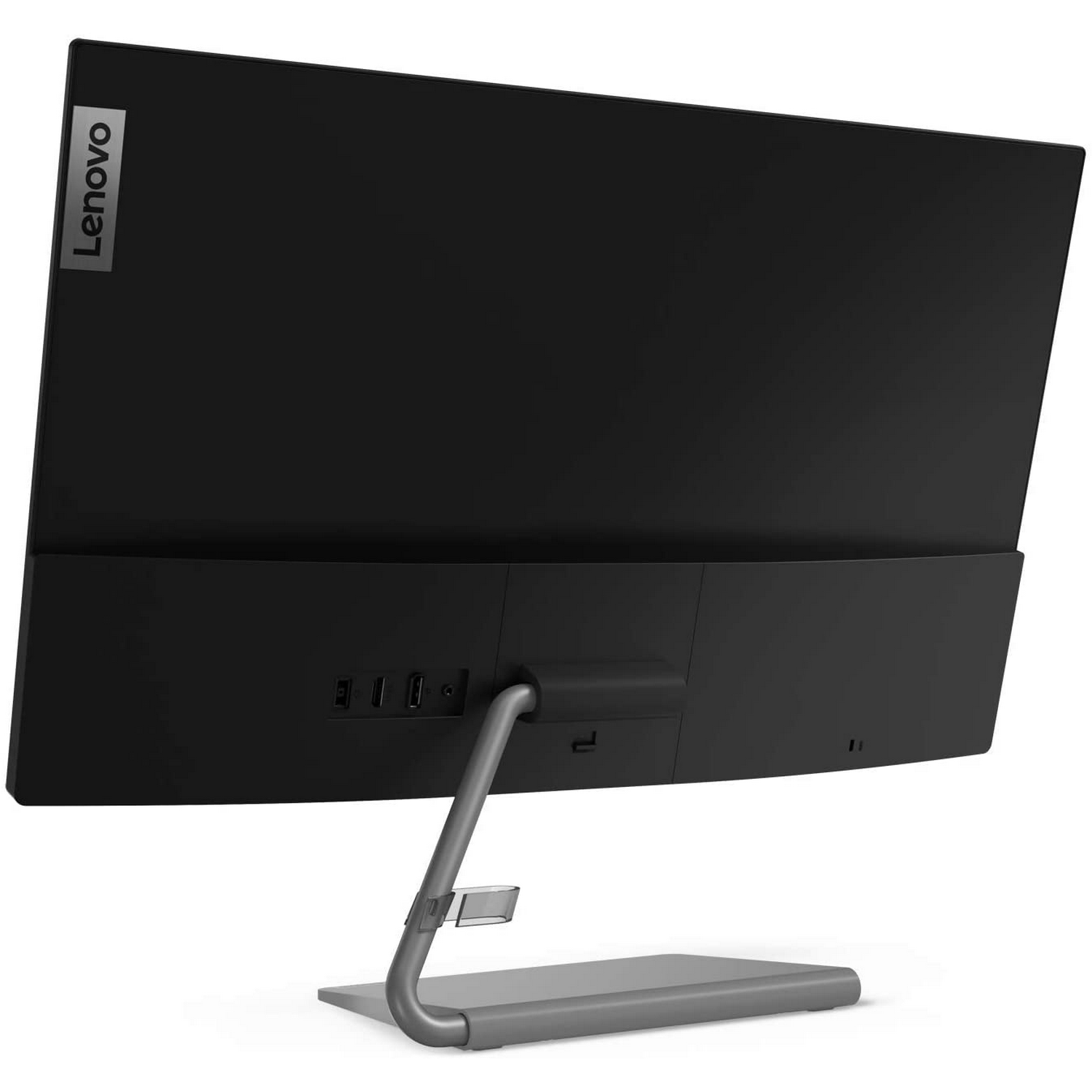 Monitor Lenovo, vista trasera. Pantalla negra, con puertos en la parte inferior y un soporte.