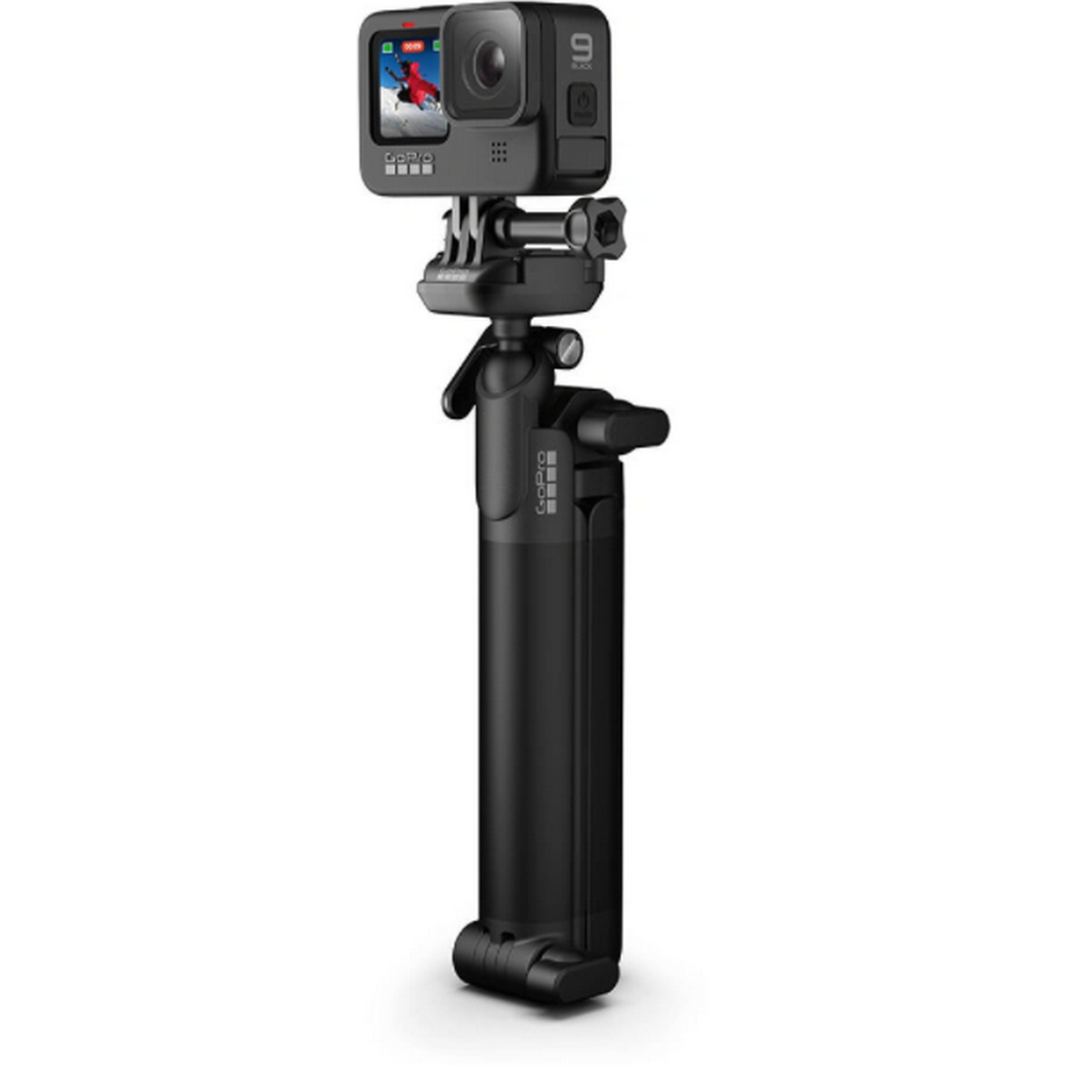 Cámara GoPro negra montada en un mango/trípode, lista para grabar video.