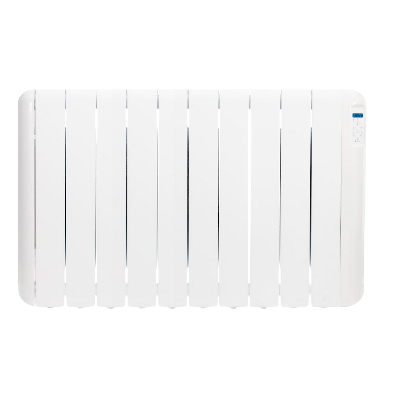 Radiador eléctrico blanco con barras verticales. Fondo oscuro. El lado derecho tiene una pantalla digital.
