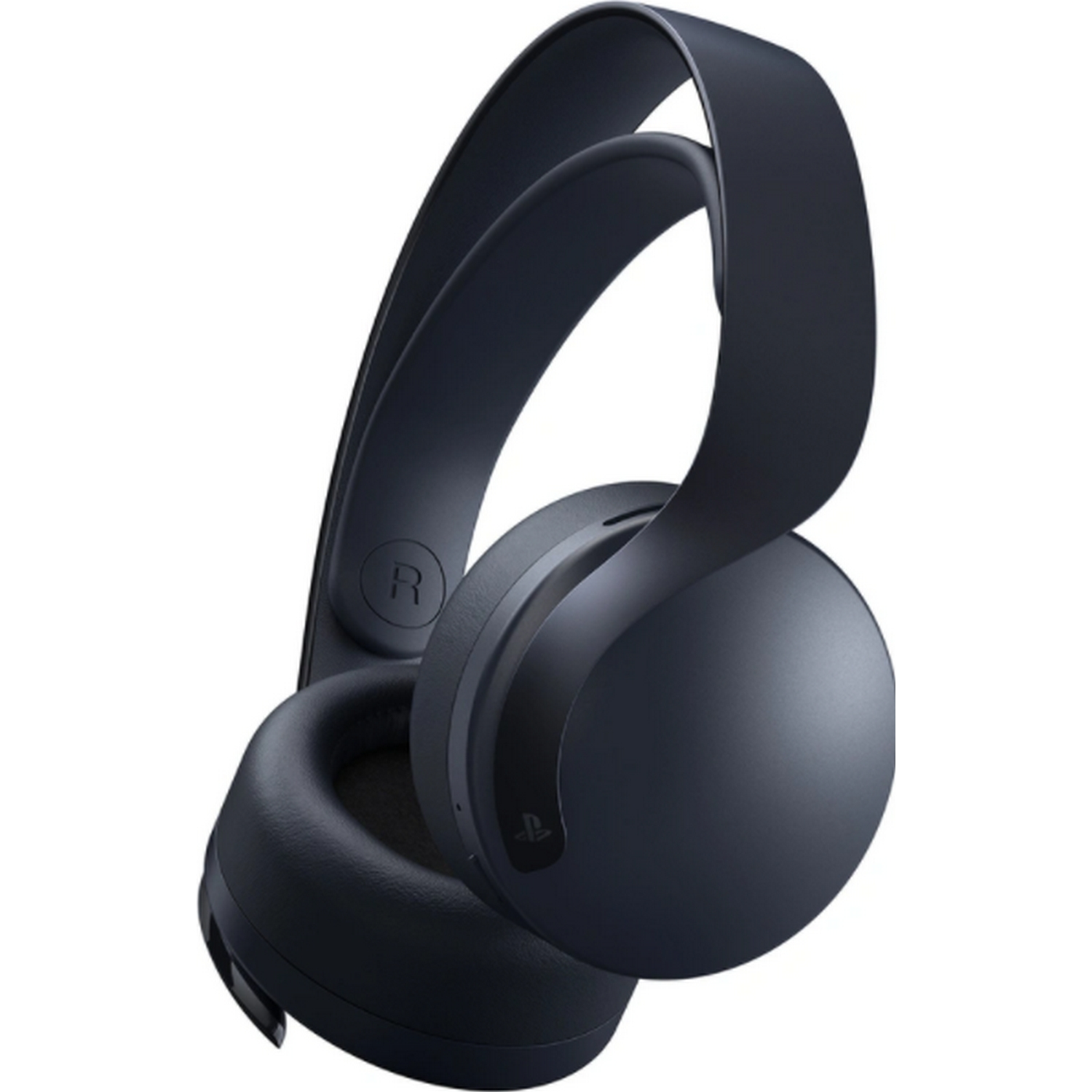Unos auriculares de diadema azul marino. La oreja izquierda tiene una marca 'R'.