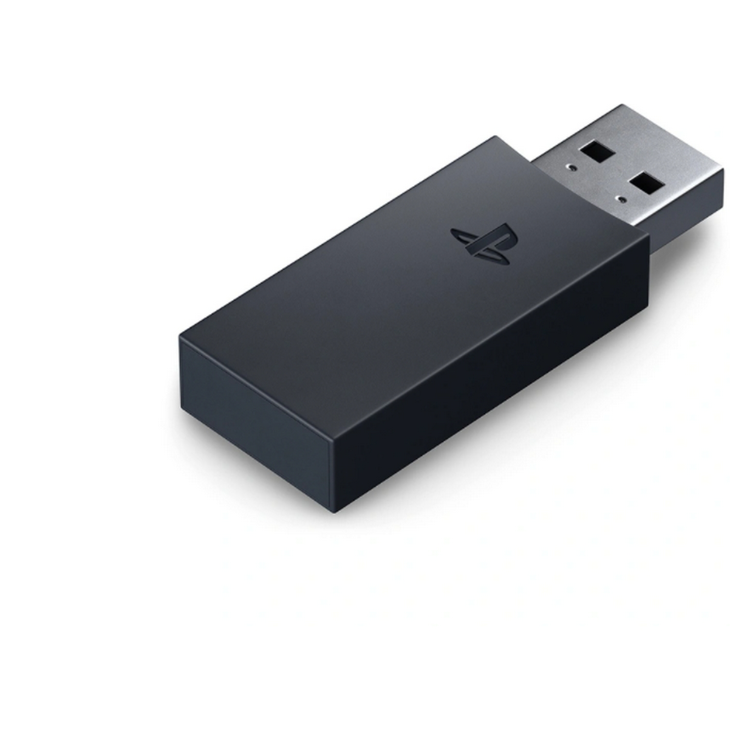 Dongle USB negro con el logotipo de PlayStation sobre una superficie blanca.