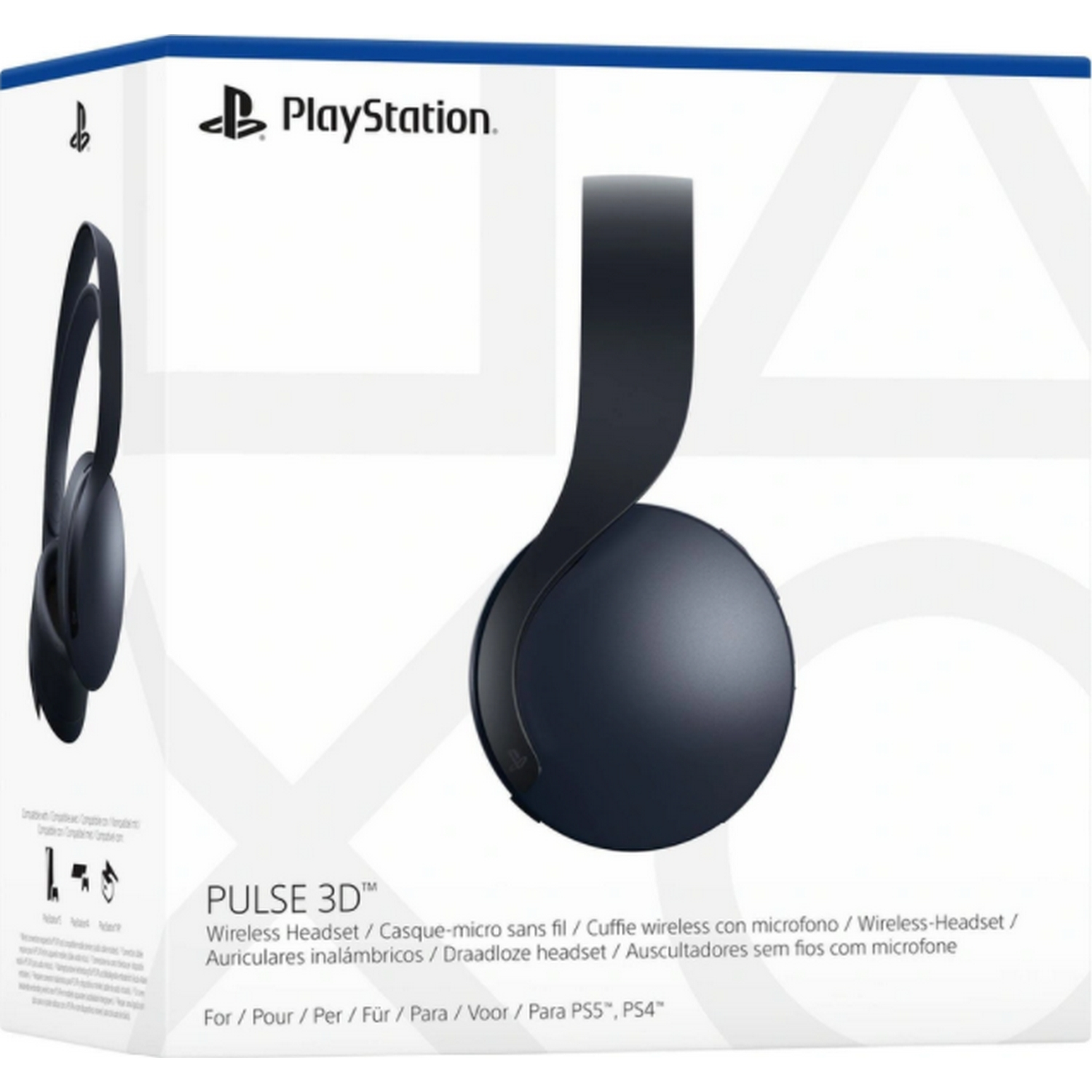 Caja de auriculares PlayStation Pulse 3D. La caja muestra los auriculares y tiene el logotipo de PlayStation.