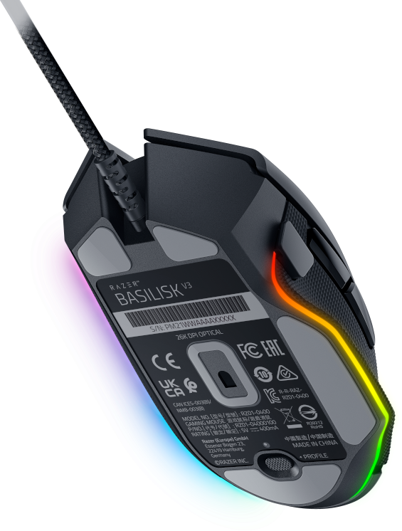 Razer Basilisk V3 Gaming-Maus, schwarz mit RGB-Beleuchtung unten und geflochtenem Kabel.