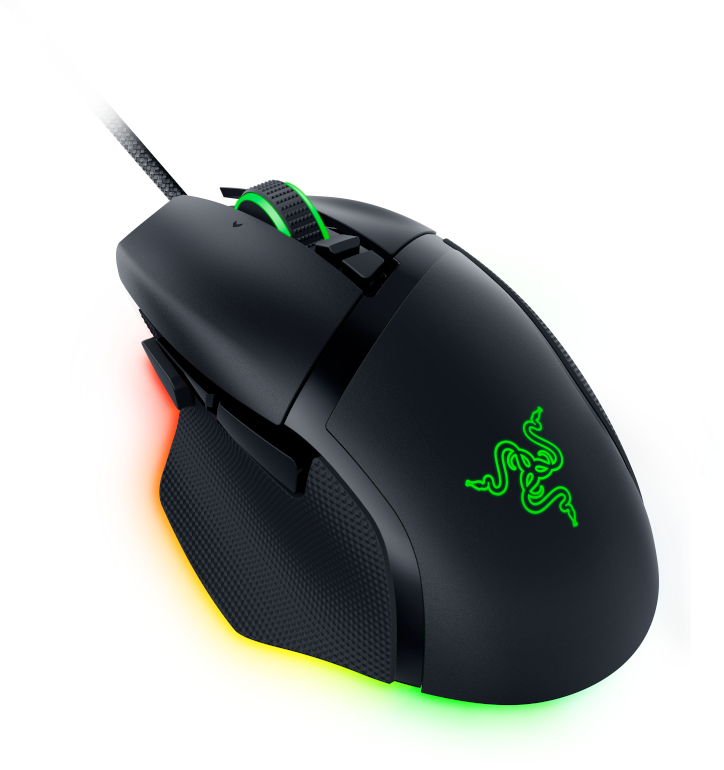 Schwarze Gaming-Maus mit grünen Akzenten und Logo, sowie einer roten/grünen Beleuchtung.