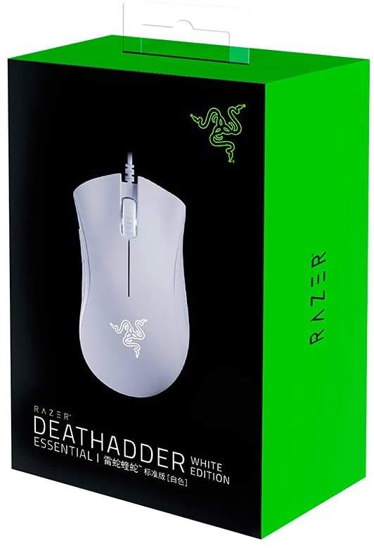 Razer DeathAdder Mausbox. Weiße Maus auf schwarzem Hintergrund.
