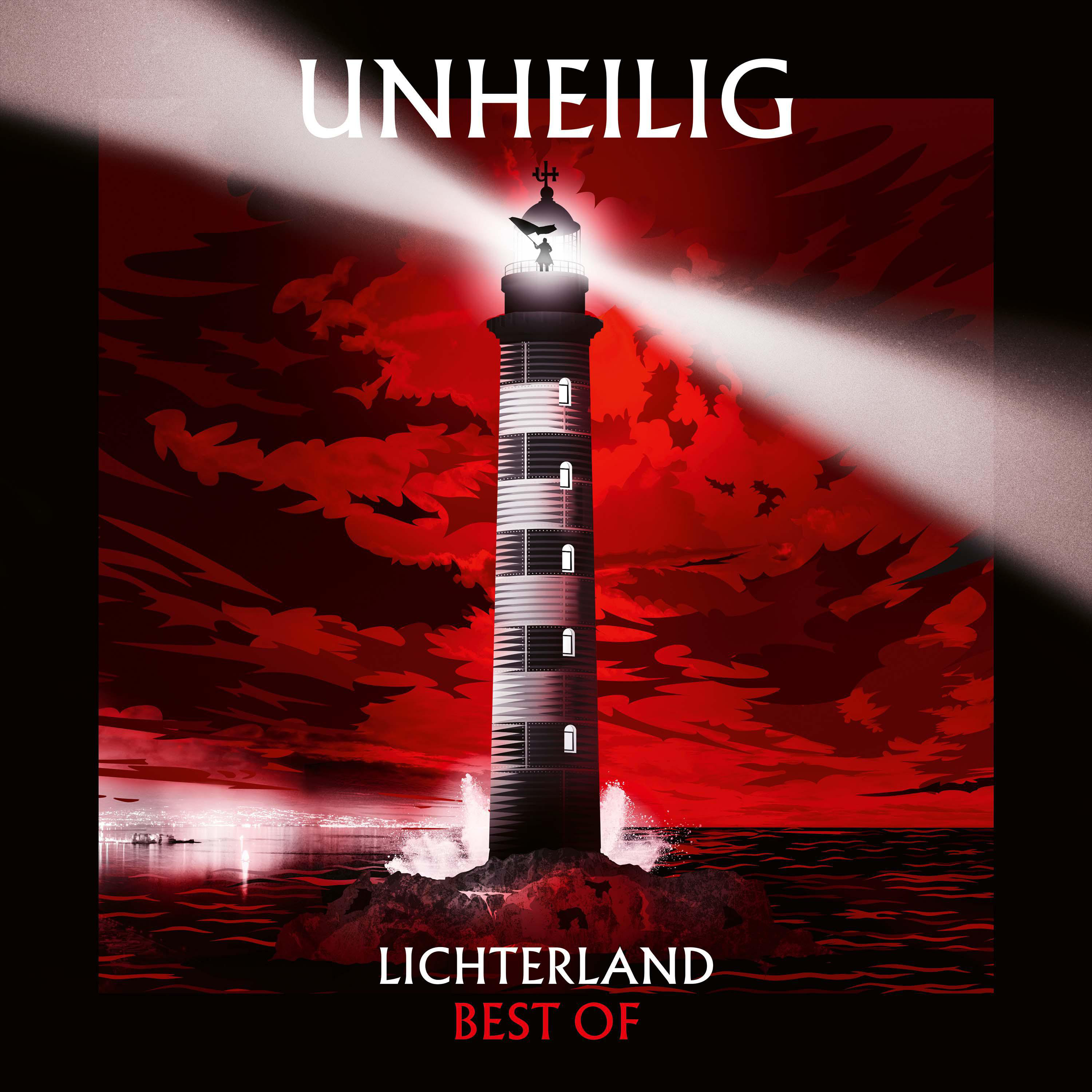 Albumcover mit Leuchtturm und Text "UNHEILIG LICHTERLAND BEST OF" auf rotem Hintergrund.