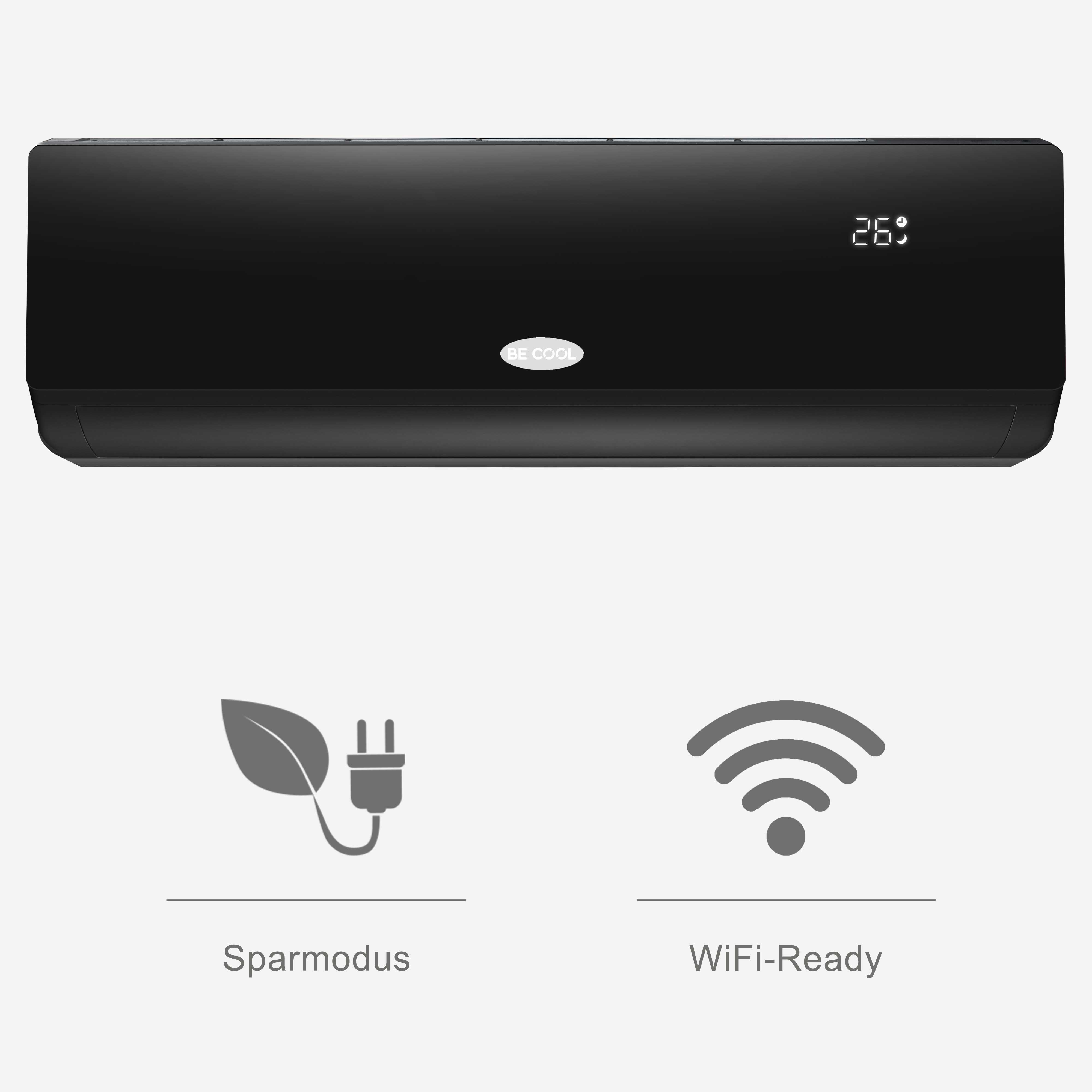 Schwarze Klimaanlage mit digitaler Anzeige 26°. Darunter Symbole für 'Sparmodus' und 'WiFi-Ready'.