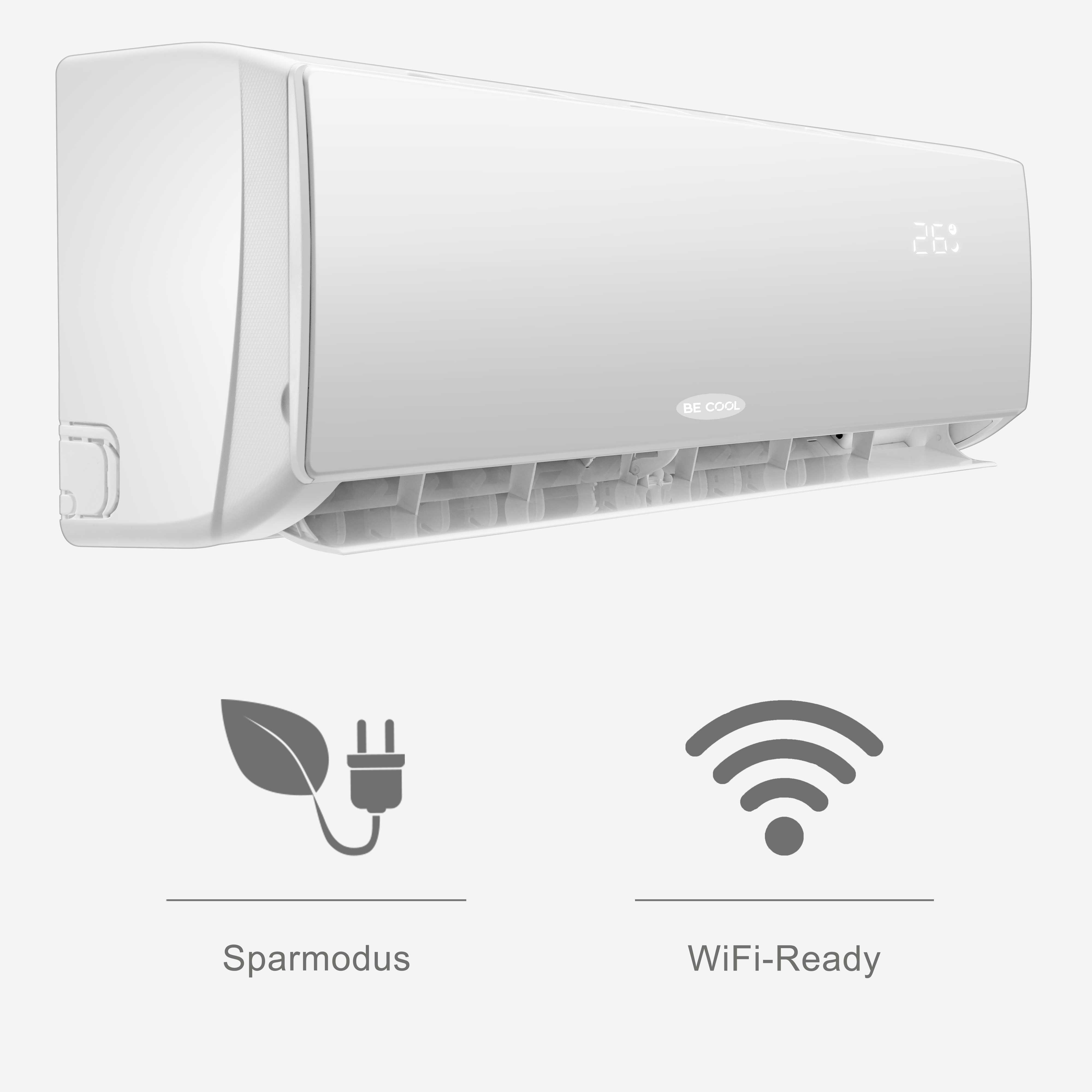 Weiße Klimaanlage mit digitaler Anzeige von 26. Darunter Öko- und WLAN-Symbole.