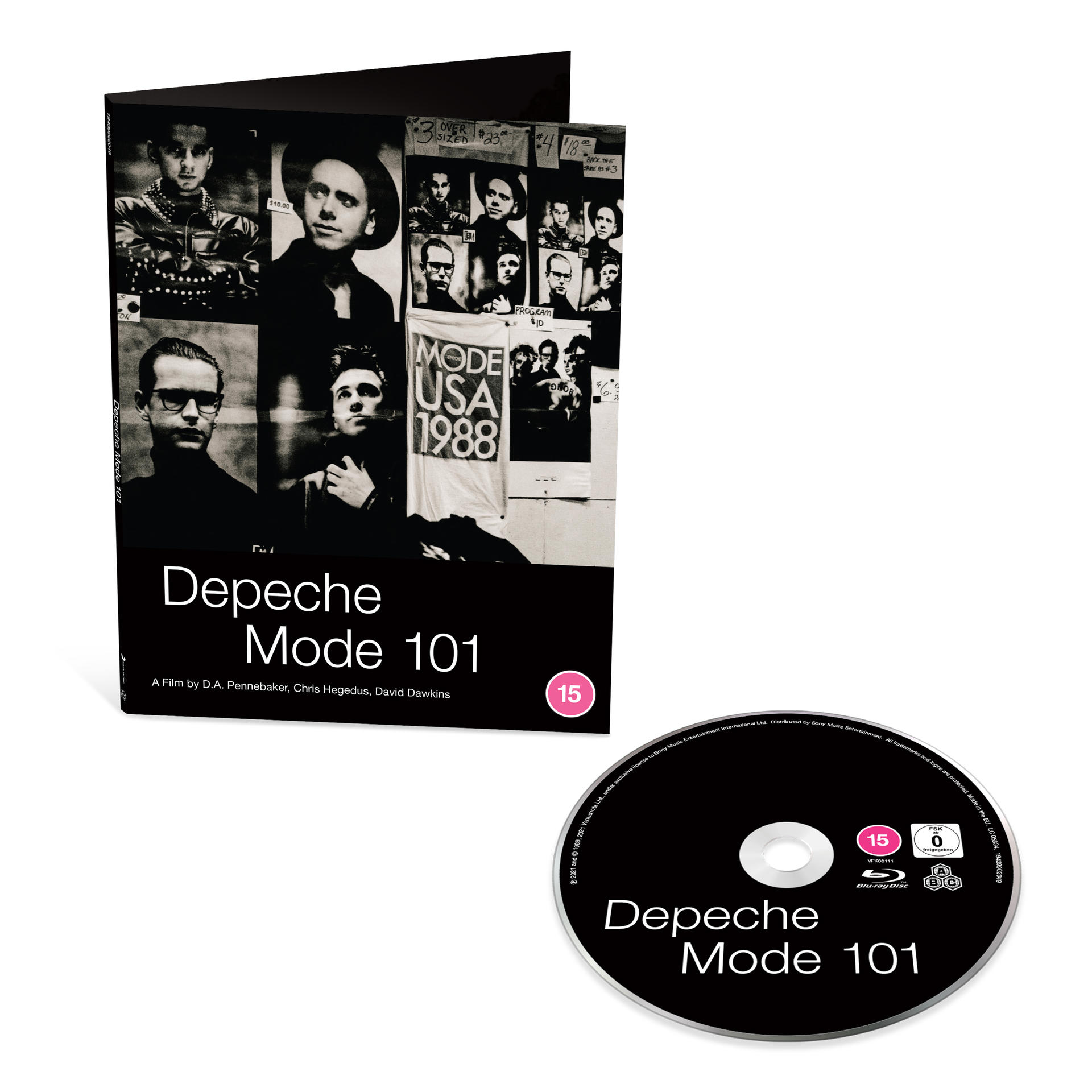 Albumcover und CD von Depeche Mode 101. Das Albumcover zeigt Schwarz-Weiß-Bilder.