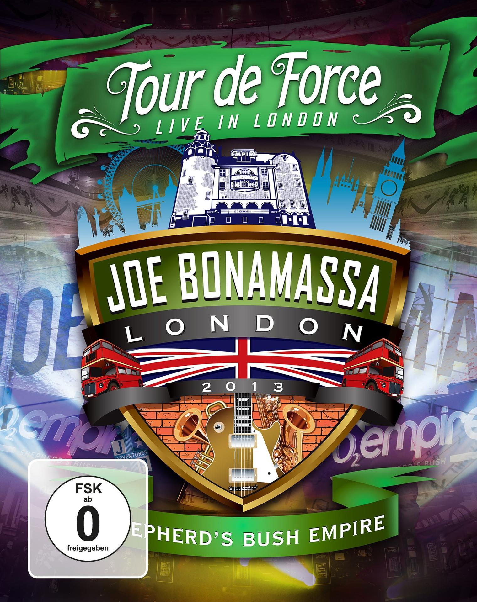 Filmcover 'Tour de Force Live in London'. Joe Bonamassa Logo. Union Jack, Gitarre und Bühne im Hintergrund.