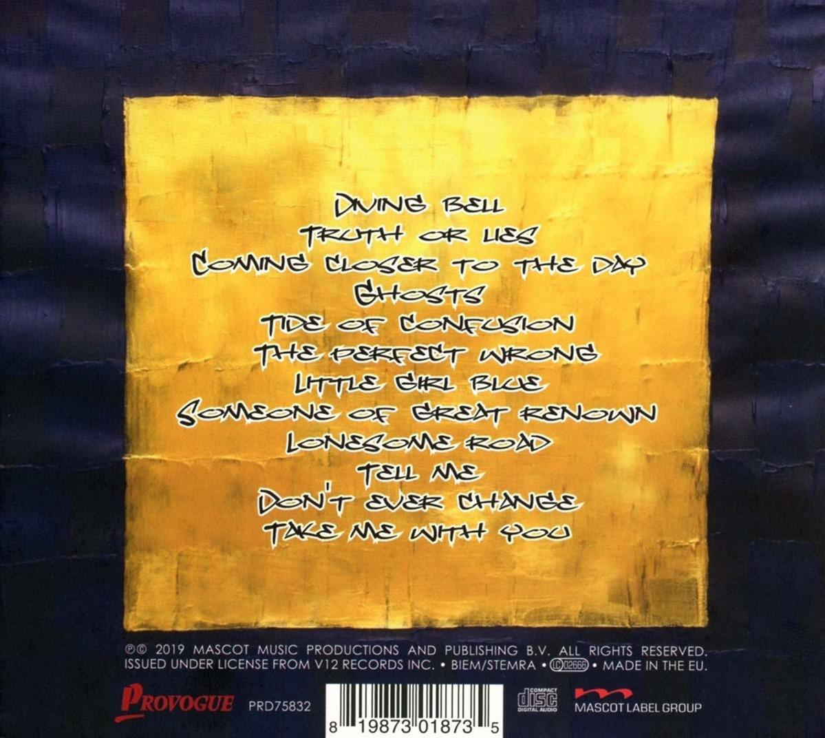 Albumcover mit Text auf gelbem Hintergrund. Mit Songtiteln und Logo.