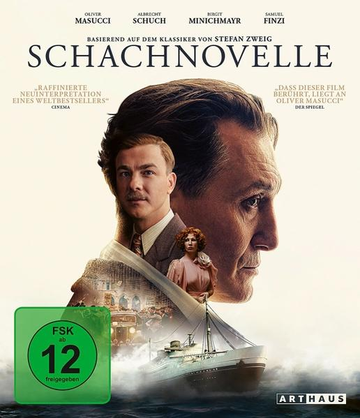 Filmcover: Gesicht eines Mannes, andere Gesichter und ein Schiff mit dem Titel 'Schachnovelle'.