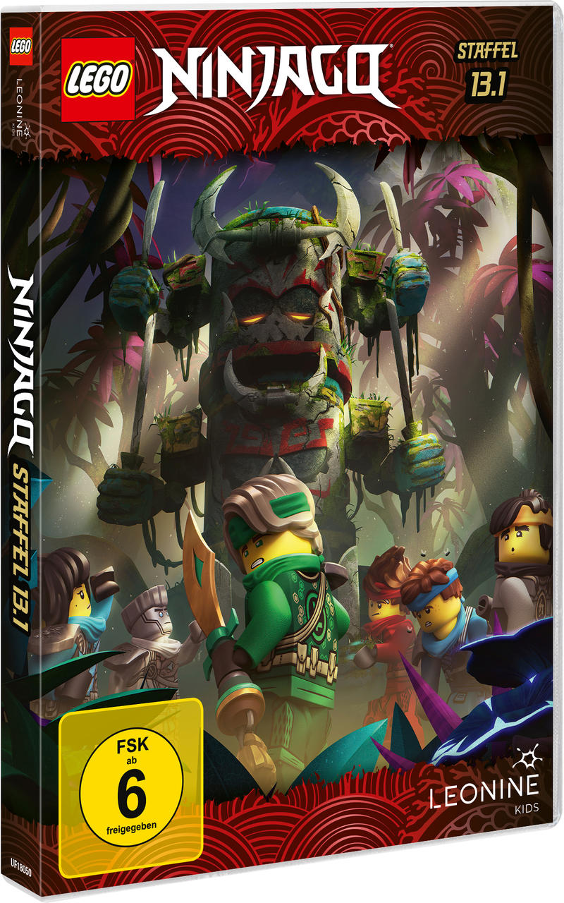 Lego Ninjago Staffel 13.1 DVD-Cover. Zeigt Lego-Charaktere in einer Dschungelkulisse mit einer Steingesichtsstatue.