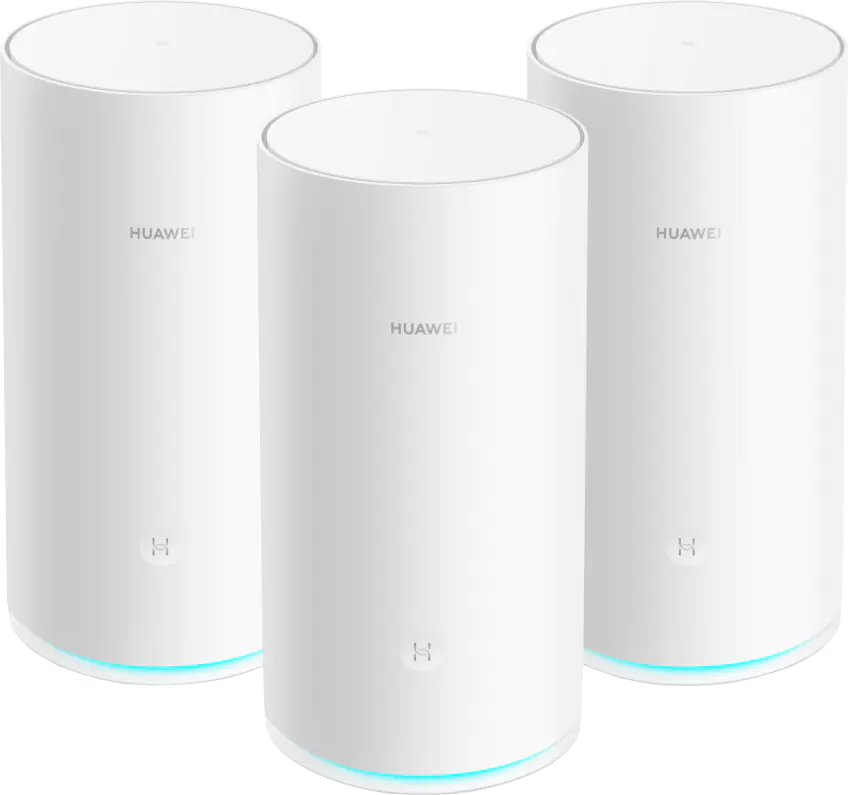 Drie witte cilindrische apparaten met het woord Huawei erop.