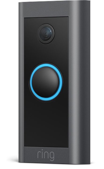 Ring doorbell with a camera and blue button, dark gray casing.