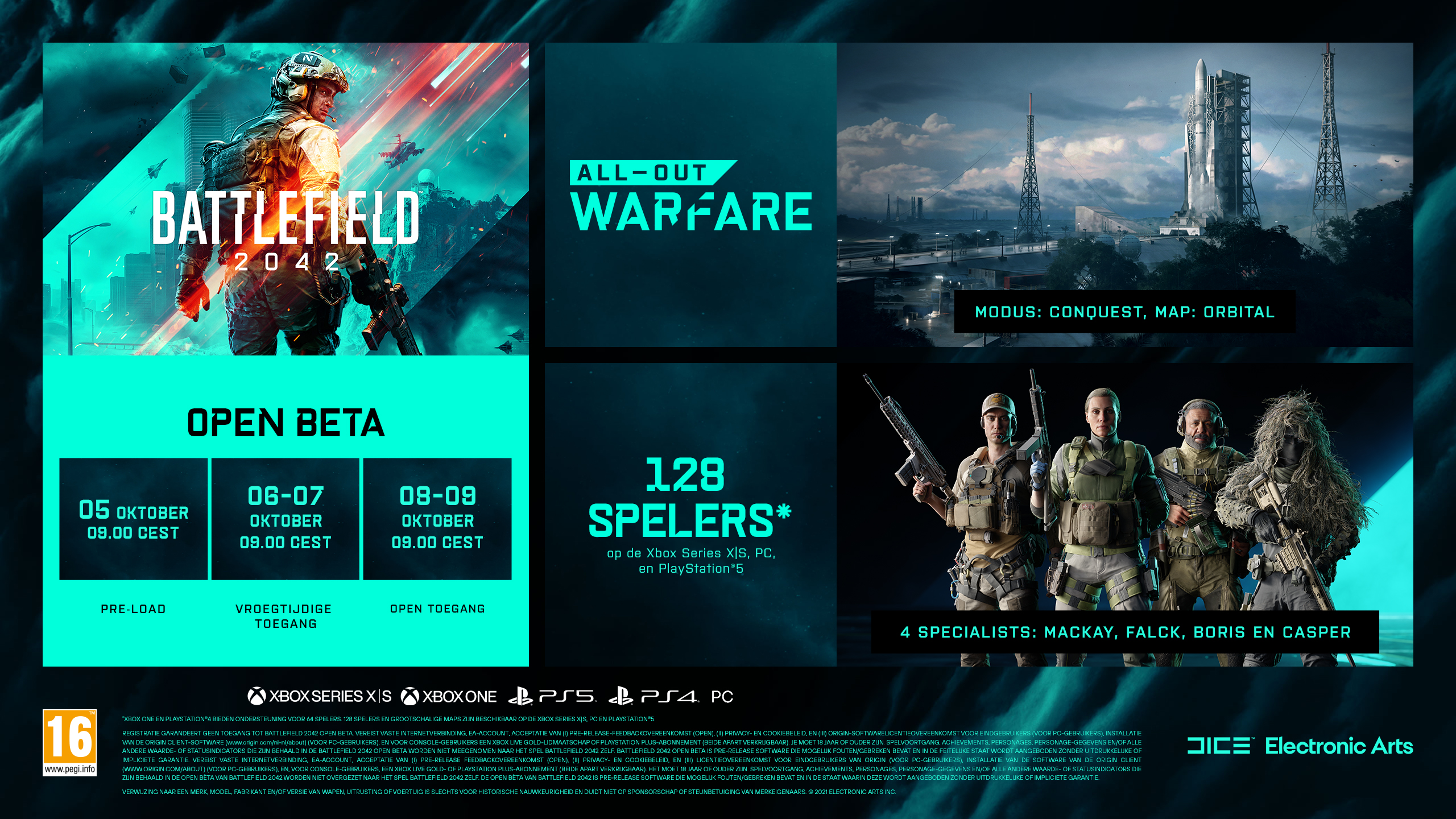 Promotieafbeelding voor Battlefield 2042 open beta. Inclusief logo, data en een groep soldaten.