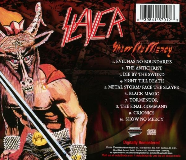Albumcover von Slayers Show No Mercy mit dem Bandlogo.