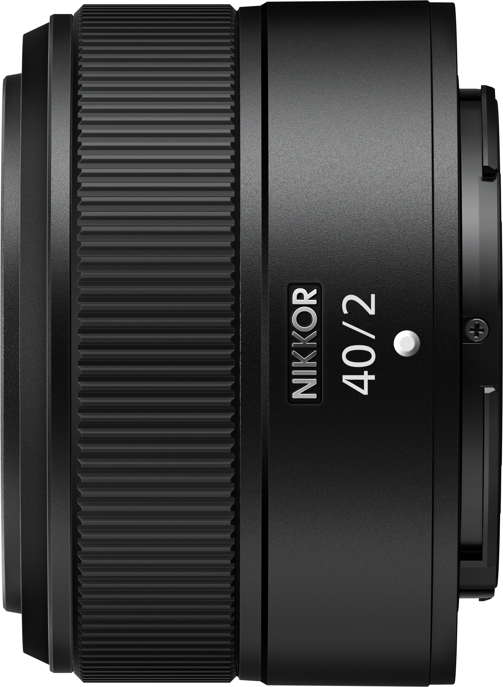 Schwarzes Kameraobjektiv mit der Aufschrift NIKKOR 40/2.