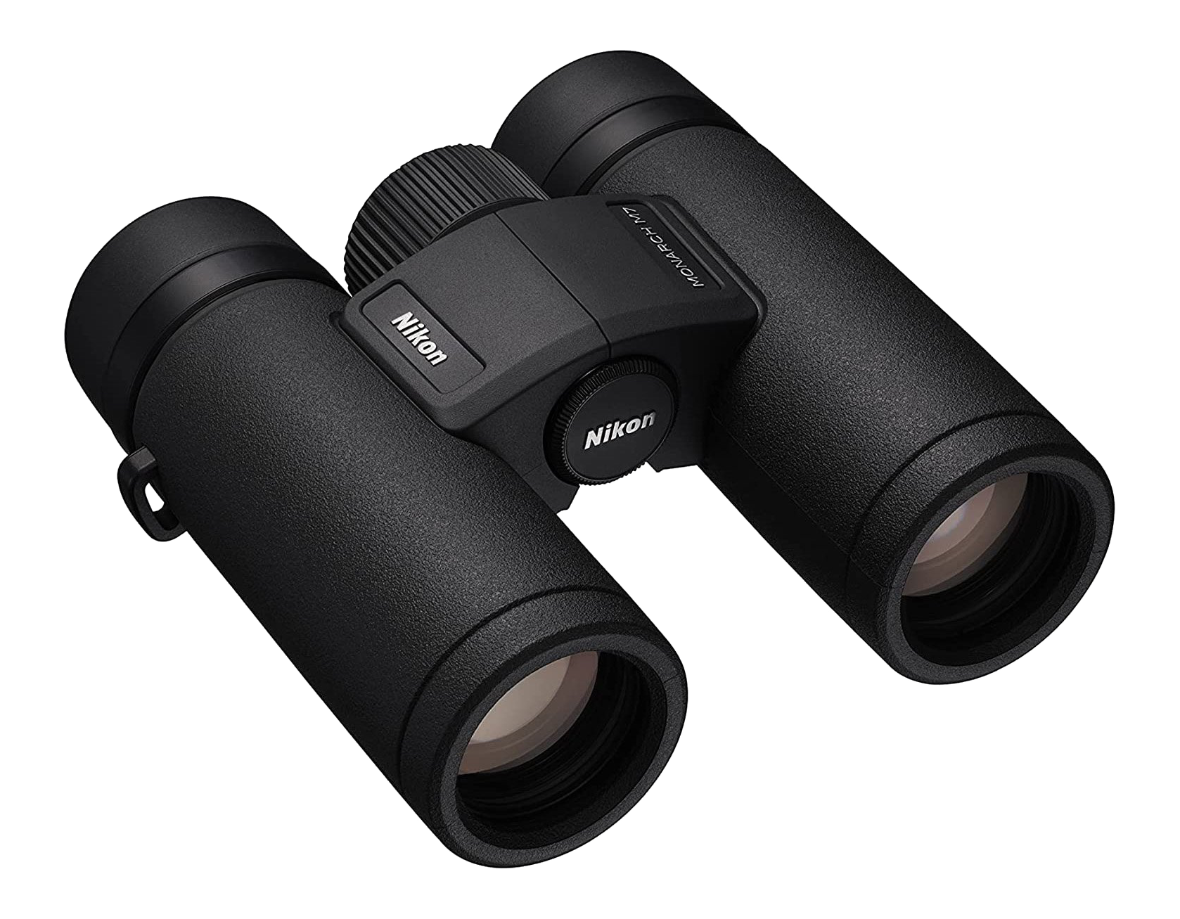 Binocolo nero con il marchio Nikon. Ghiera di messa a fuoco e impugnature strutturate.