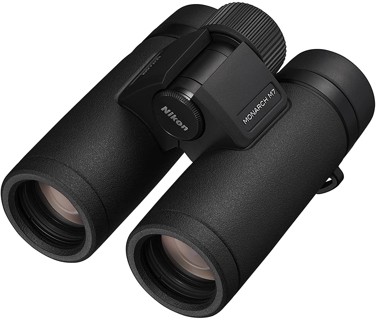 Binocolo Nikon Monarch M7 nero con ghiera di messa a fuoco e copriobiettivo, leggermente angolato.