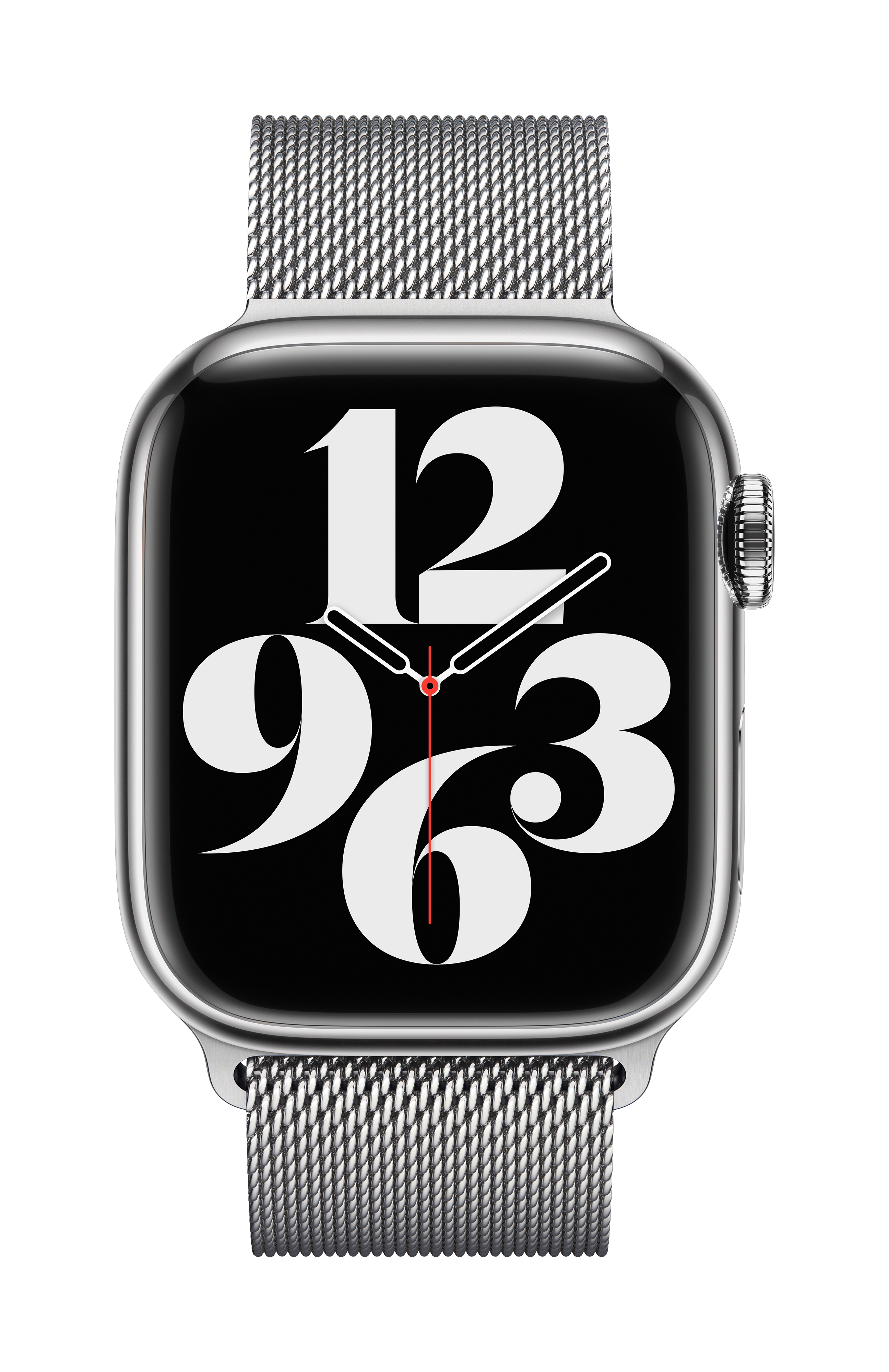 Un Apple Watch plateado con una pantalla negra que muestra la hora.