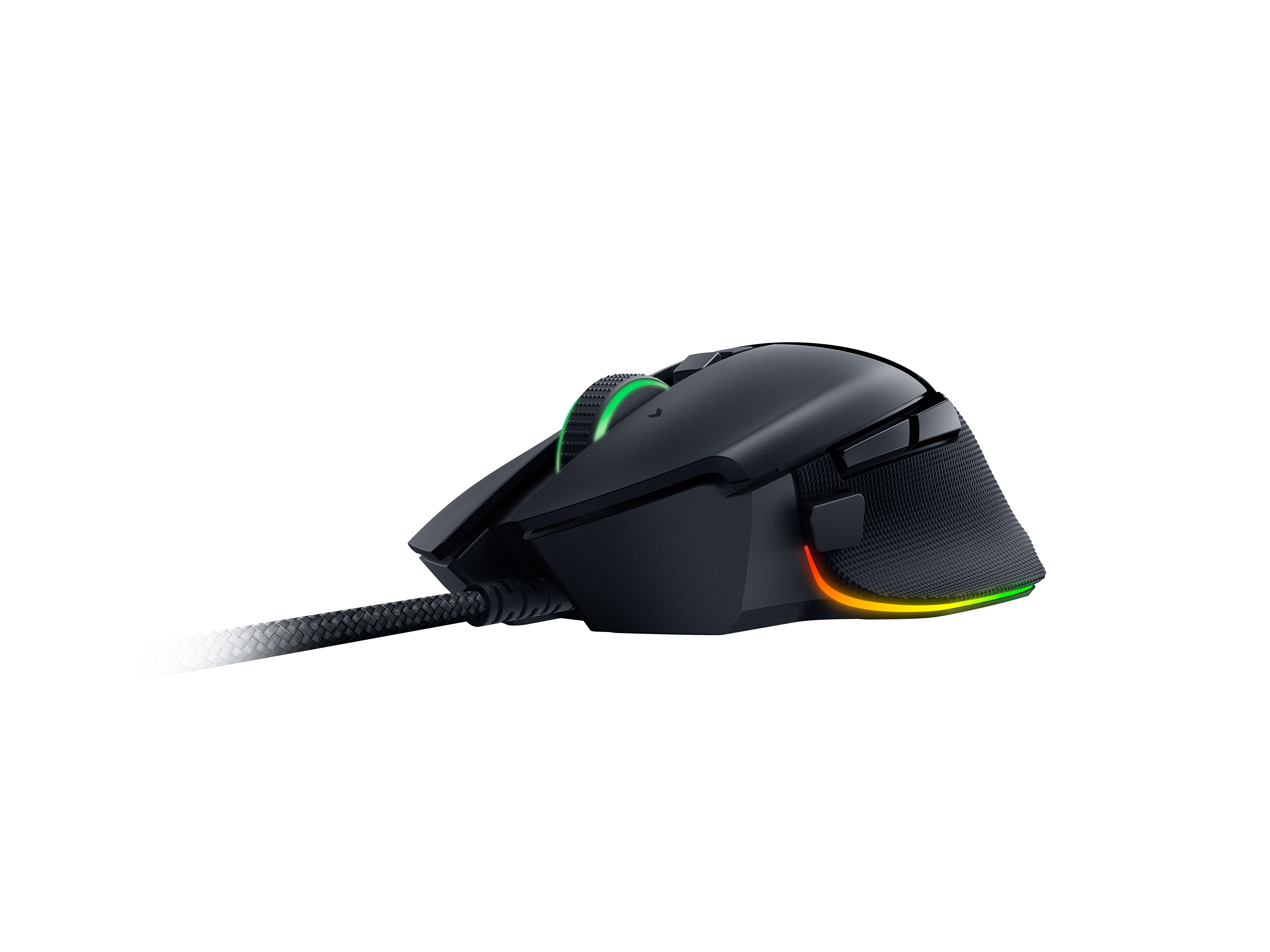 Schwarze Gaming-Maus mit grünem Scrollrad. Die Maus hat bunte Lichter.
