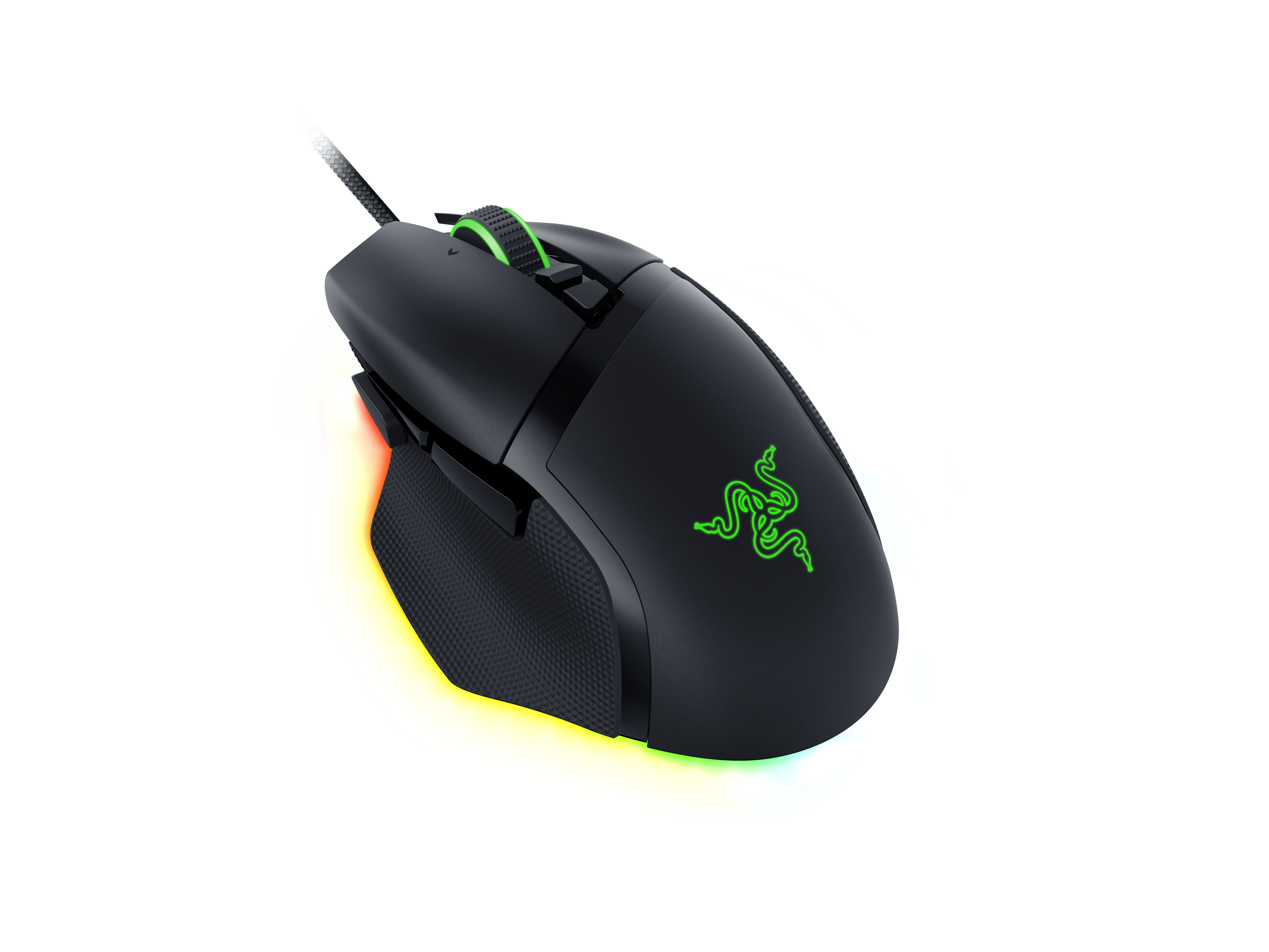 Schwarze Gaming-Maus mit grünem Logo und LED-Leuchten auf weißer Oberfläche.