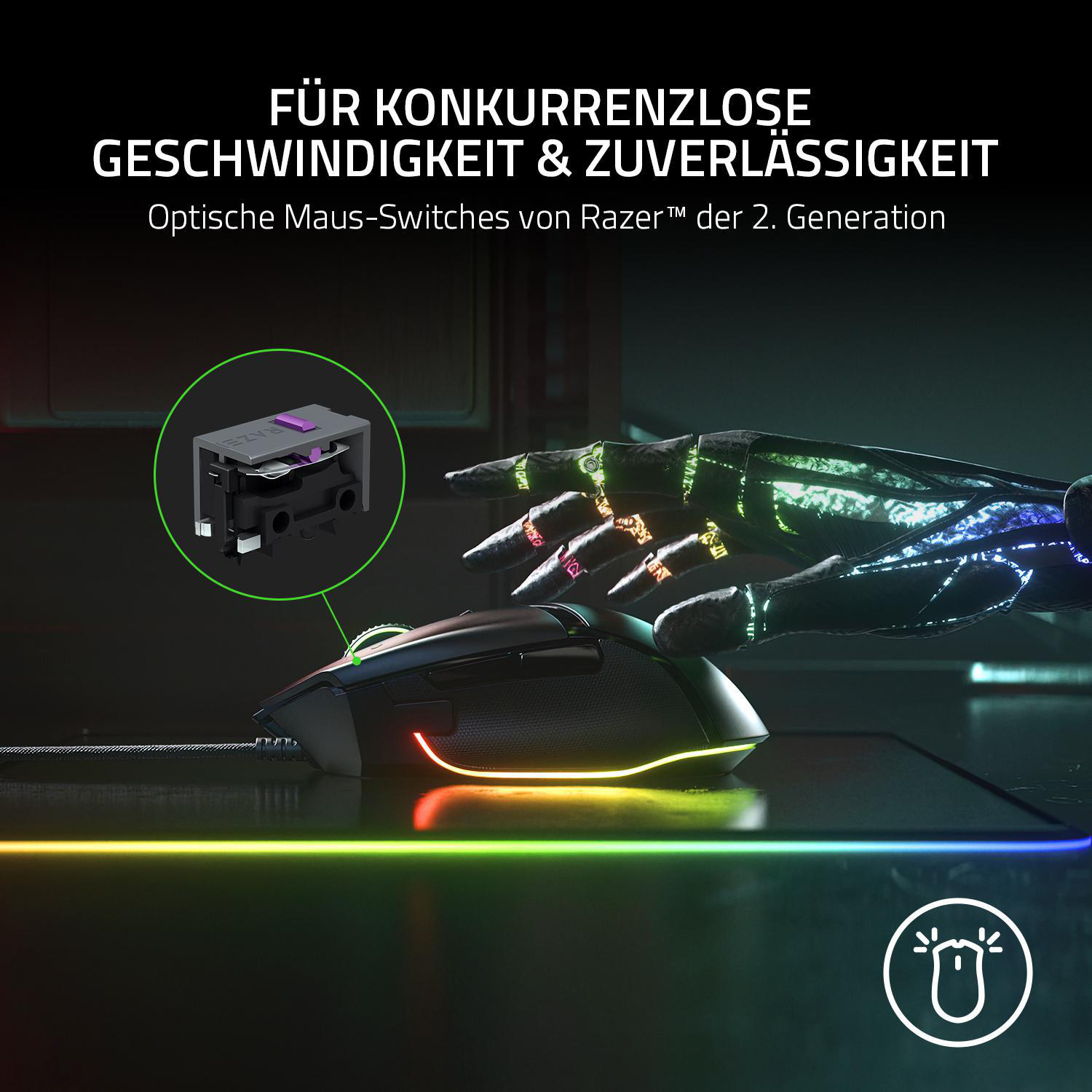 Gaming-Maus mit einem sichtbaren Abschnitt des Innenlebens der Maus.