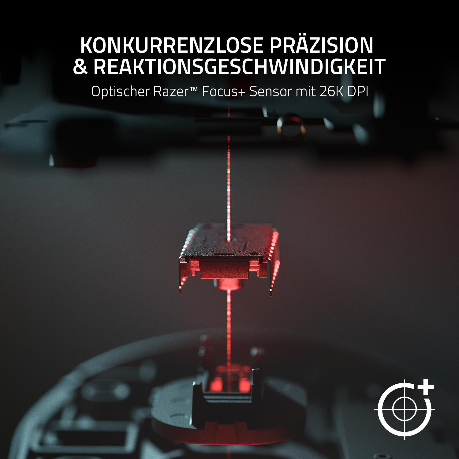Nahaufnahme einer Gaming-Maus mit roten Laserstrahlen, Text auf Deutsch und Zielsymbol.