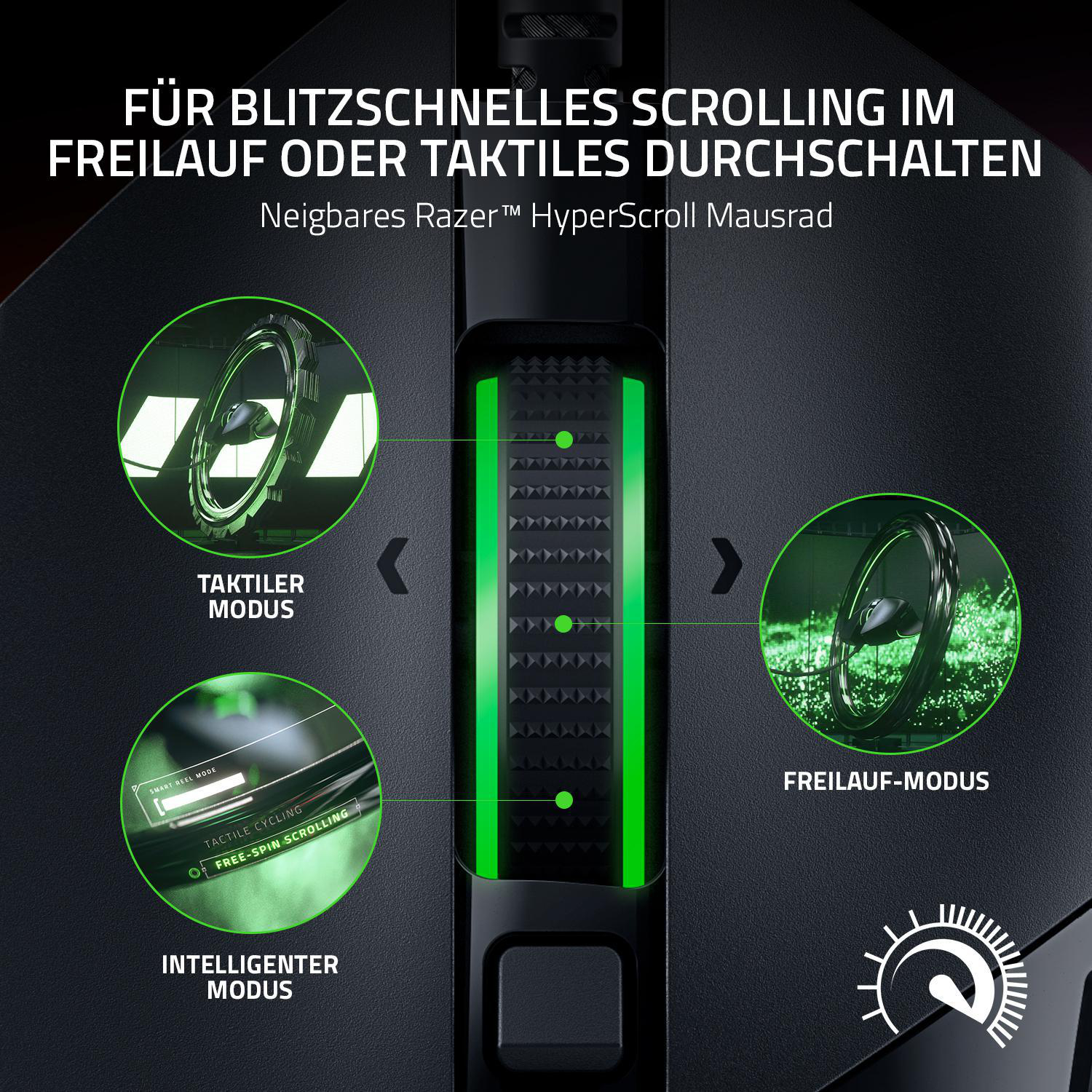 Nahaufnahme einer Razer-Maus mit Scrollrad und Modi.