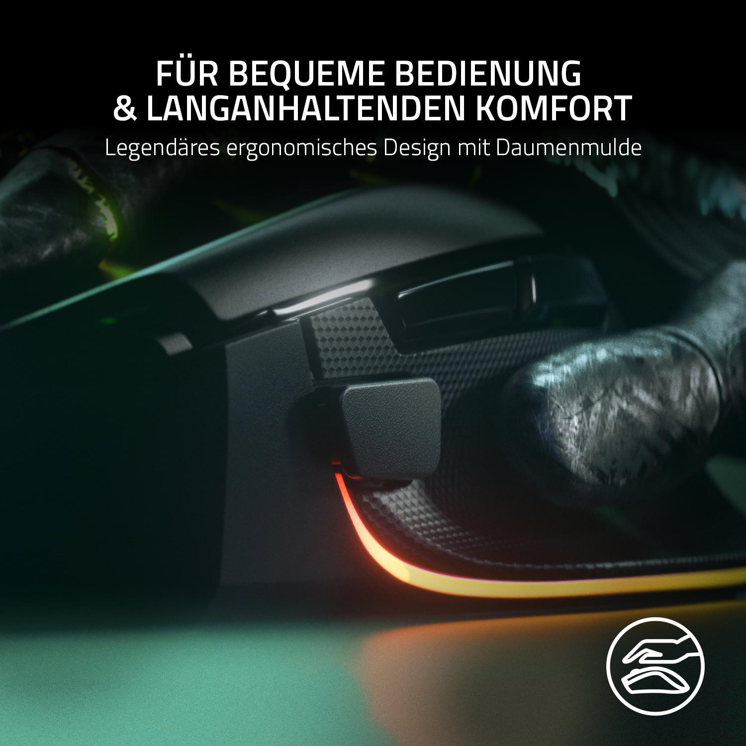 Nahaufnahme einer schwarzen Gaming-Maus. Sie wird mit roten und orangen Lichtern beleuchtet.