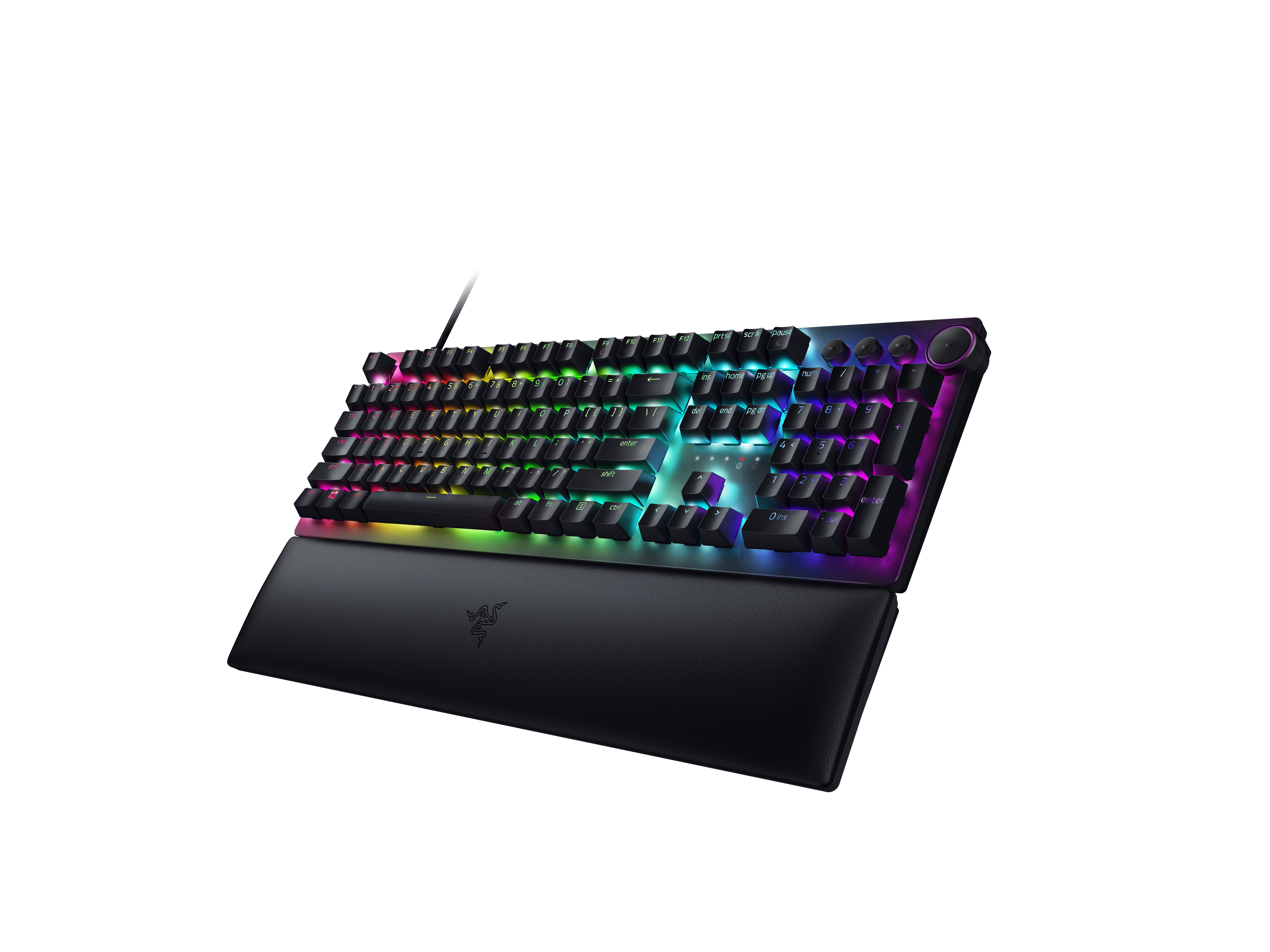 Eine schwarze Tastatur mit beleuchteten Tasten und Handballenauflage.