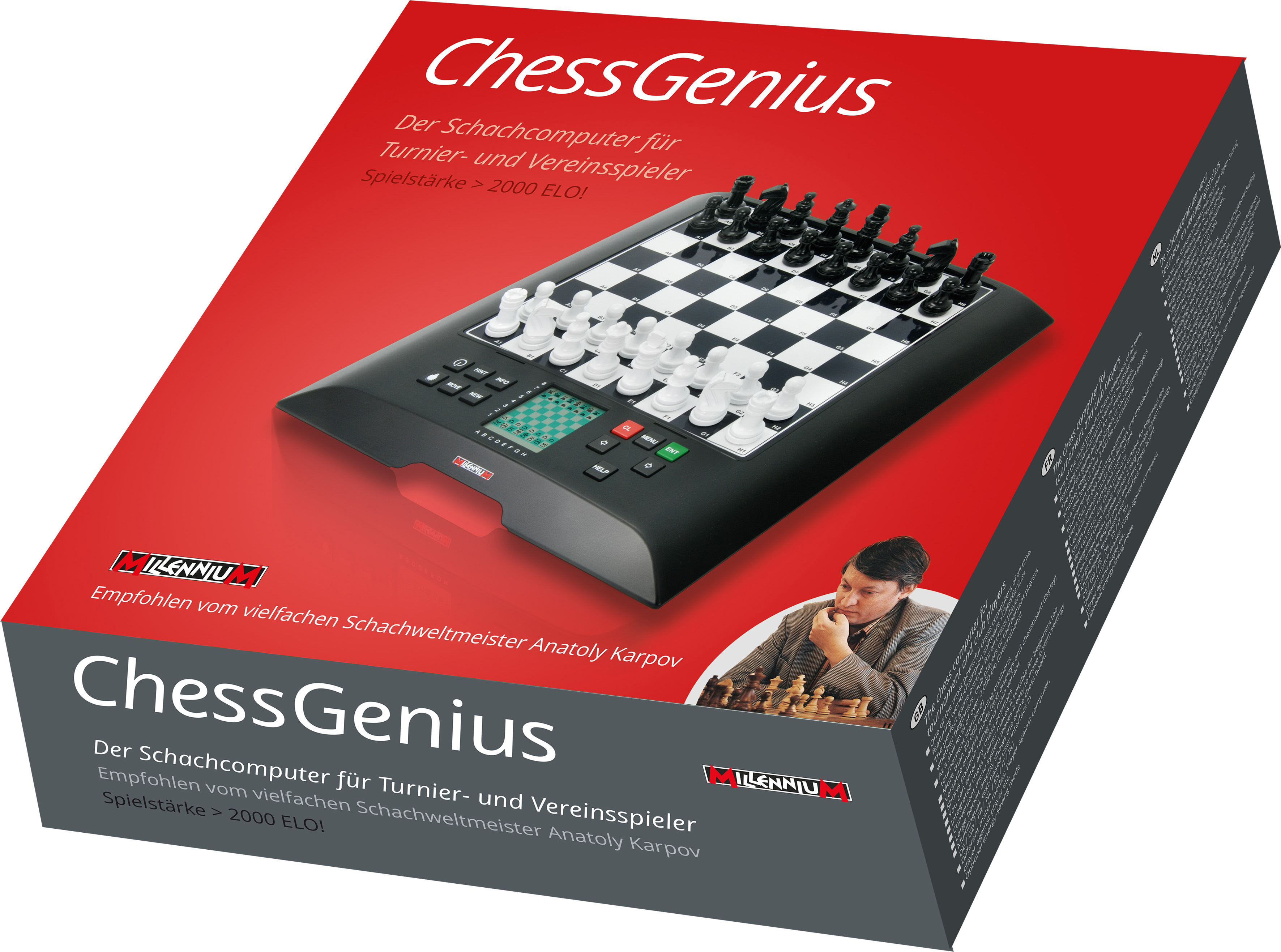 ChessGenius-Box. Zeigt Schachset und -brett. Text auf Deutsch: 'Der Schachcomputer...' und 'ChessGenius'.