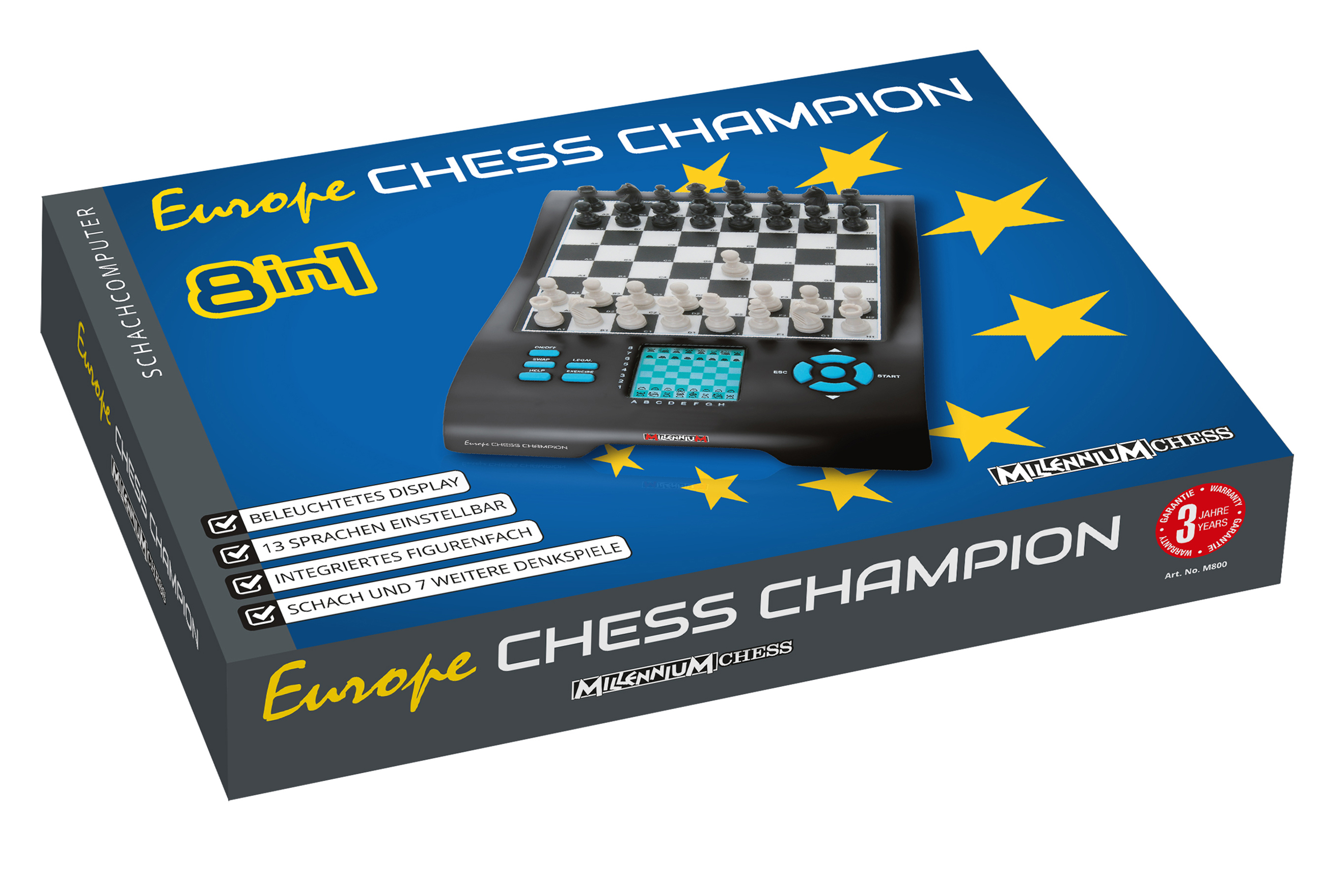 Chess Champion Box, blauer Hintergrund, Schachbrett, Schachfiguren, 8 in 1, Europe Chess Champion.