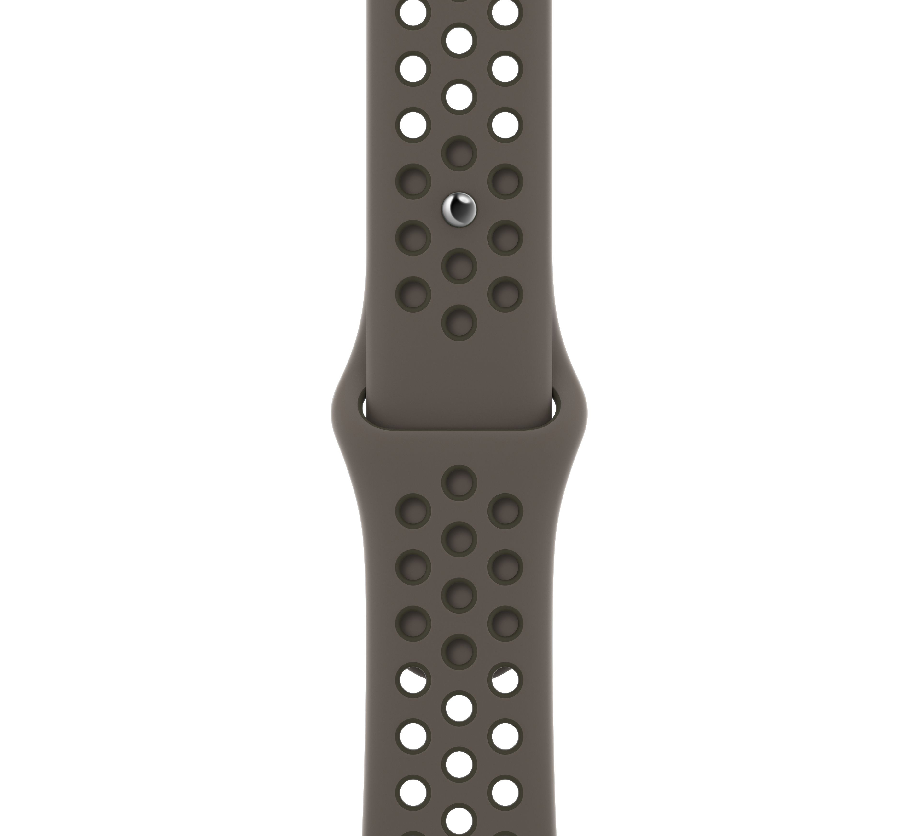 Correa deportiva Apple Watch marrón con agujeros, pasador gris.