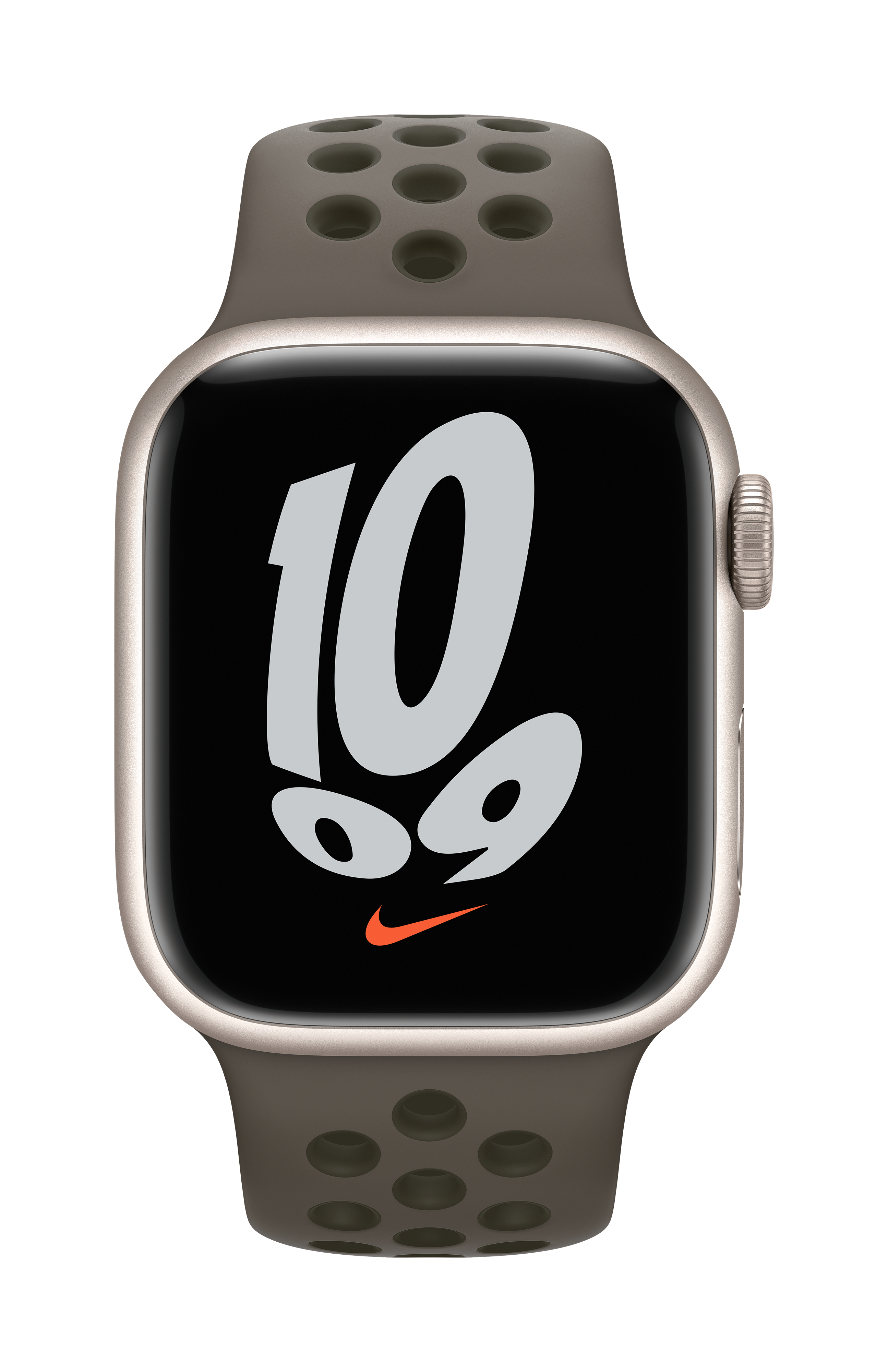 Apple Watch con correa deportiva gris, pantalla negra mostrando un 10:09 blanco grande y logo Nike.