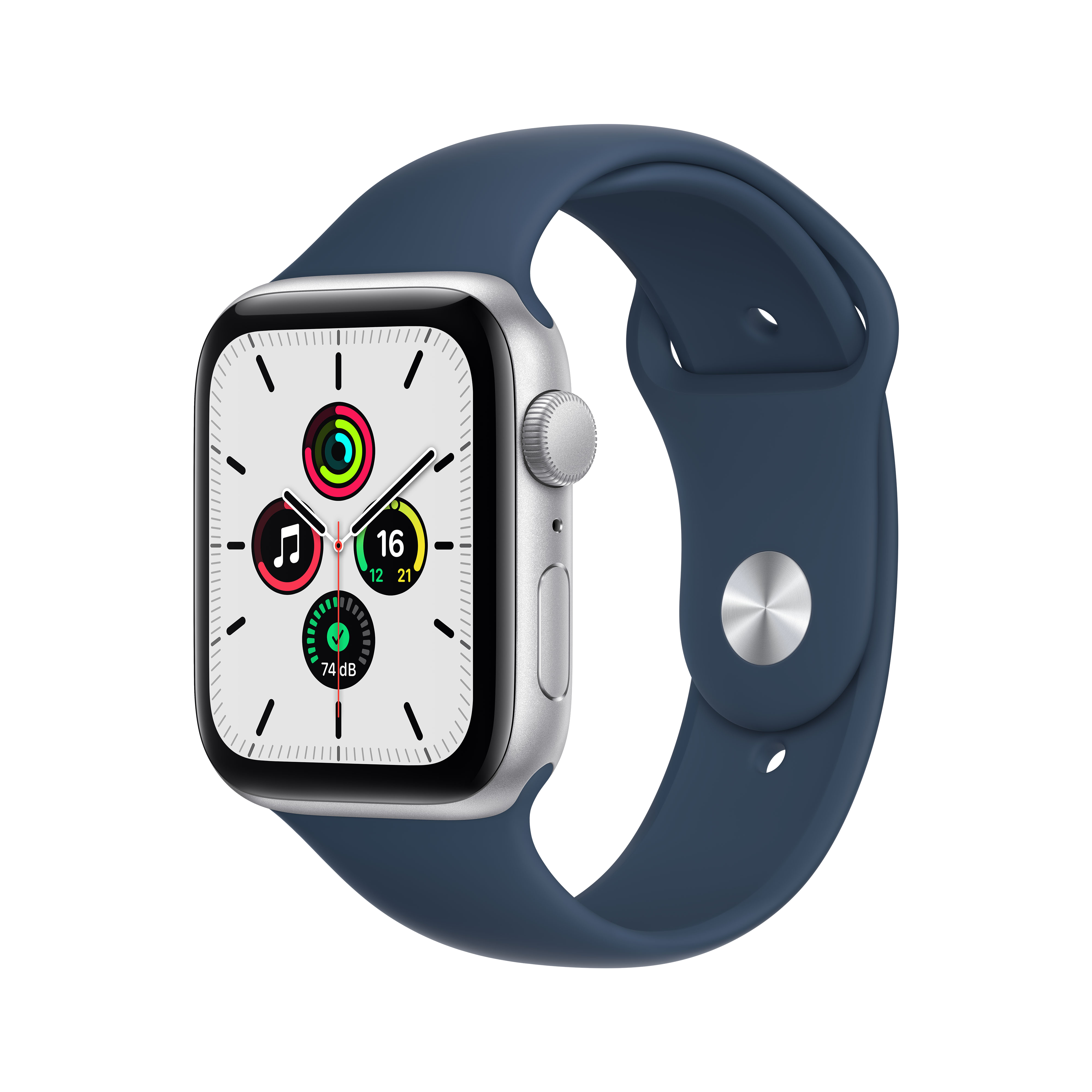 Apple Watch SE, GPS , 44 mm, Caja de aluminio en plata, Correa deportiva en color abismo