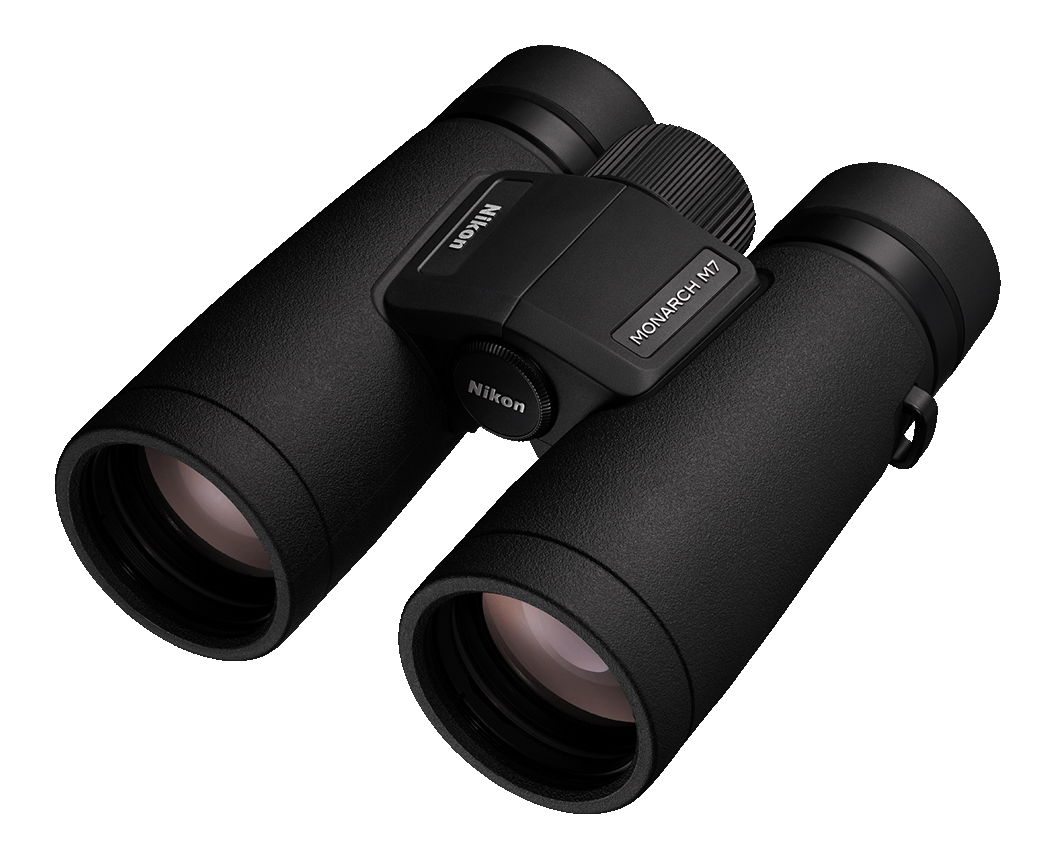 Binocolo Nikon nero. I nomi Nikon e Monarch M7 sono visibili.