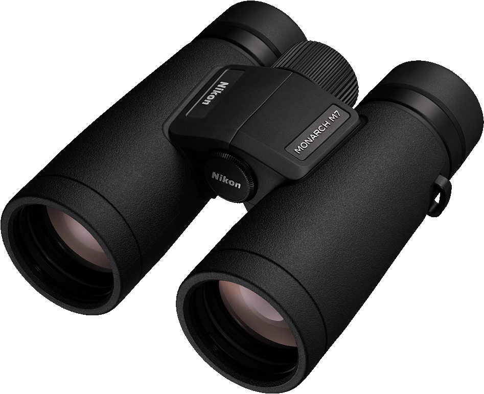 Binocolo Nikon Monarch M7 nero. Il binocolo è angolato verso l'osservatore.