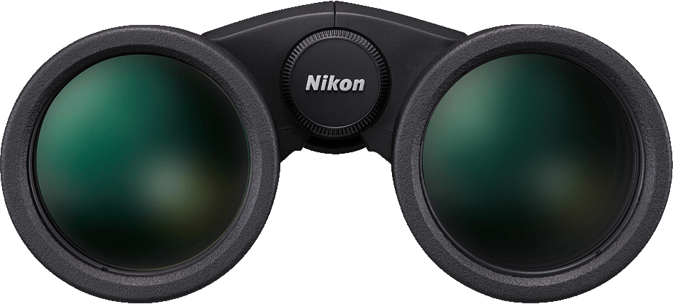 Binocolo Nikon nero, vista ravvicinata delle lenti.
