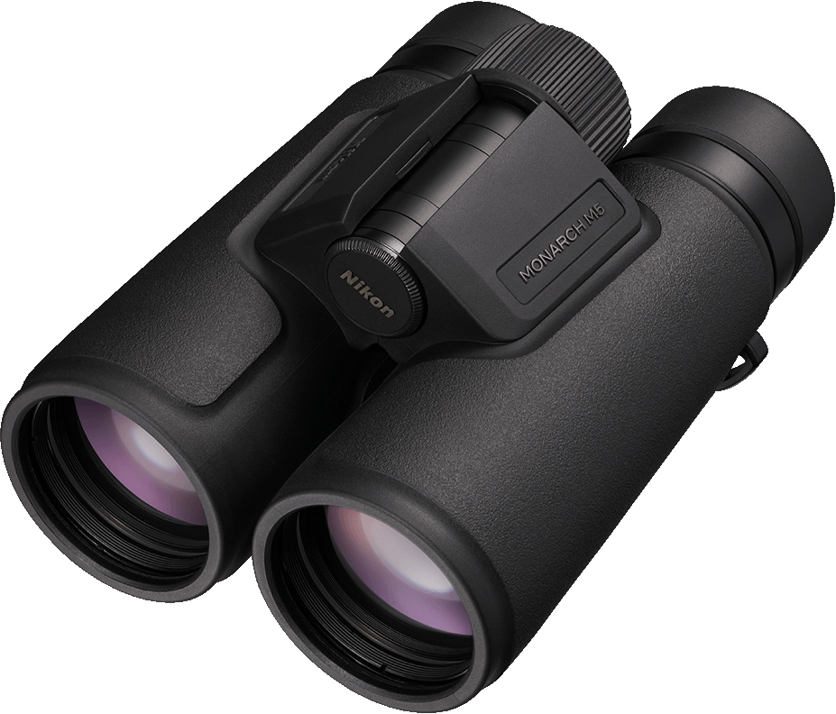 Schwarzes Nikon-Fernglas mit Fokusrad und dem Namen Monarch M5 auf dem Gehäuse.