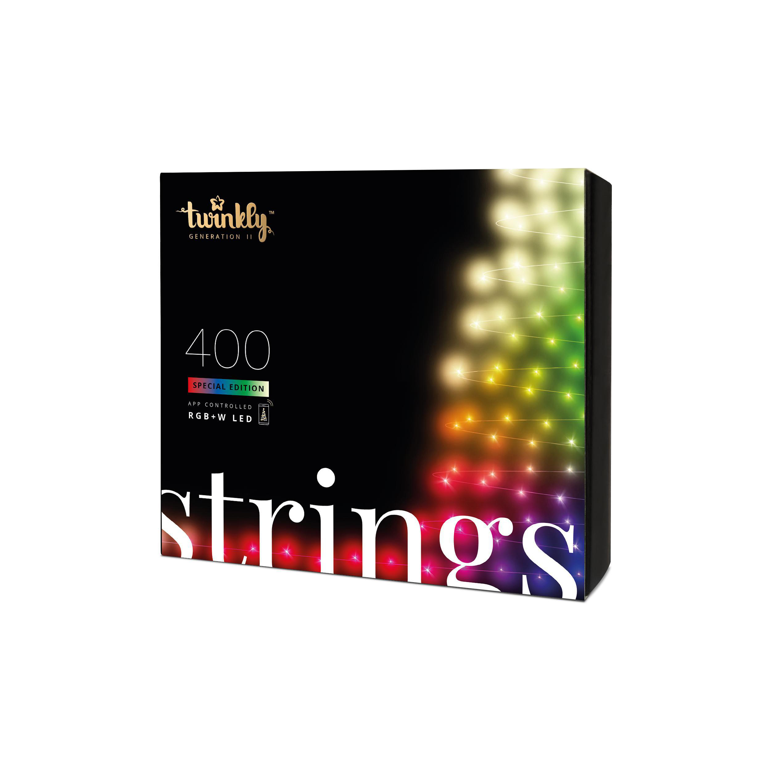 Schwarze Box mit bunten Lichtern mit der Aufschrift 'strings' und '400'. Weißer Hintergrund.