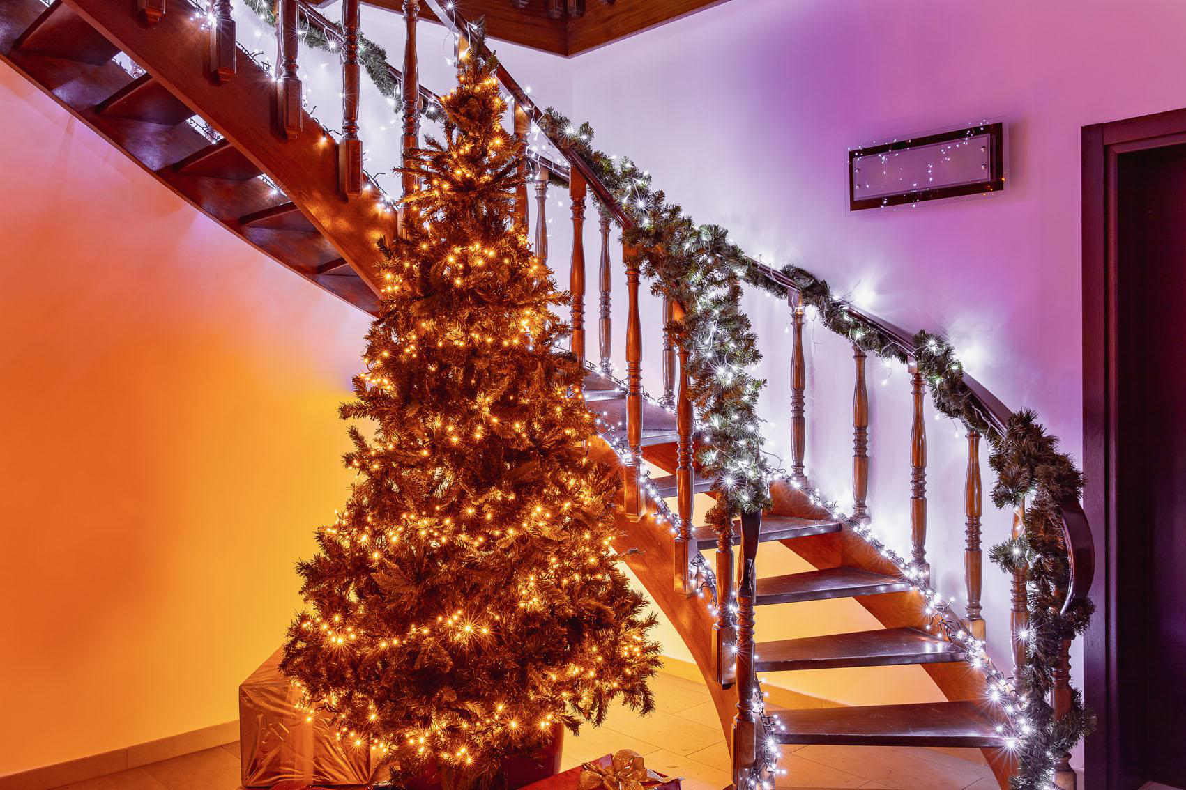 Ein Weihnachtsbaum und eine Treppe mit Lichtern, die eine festliche Atmosphäre schaffen.