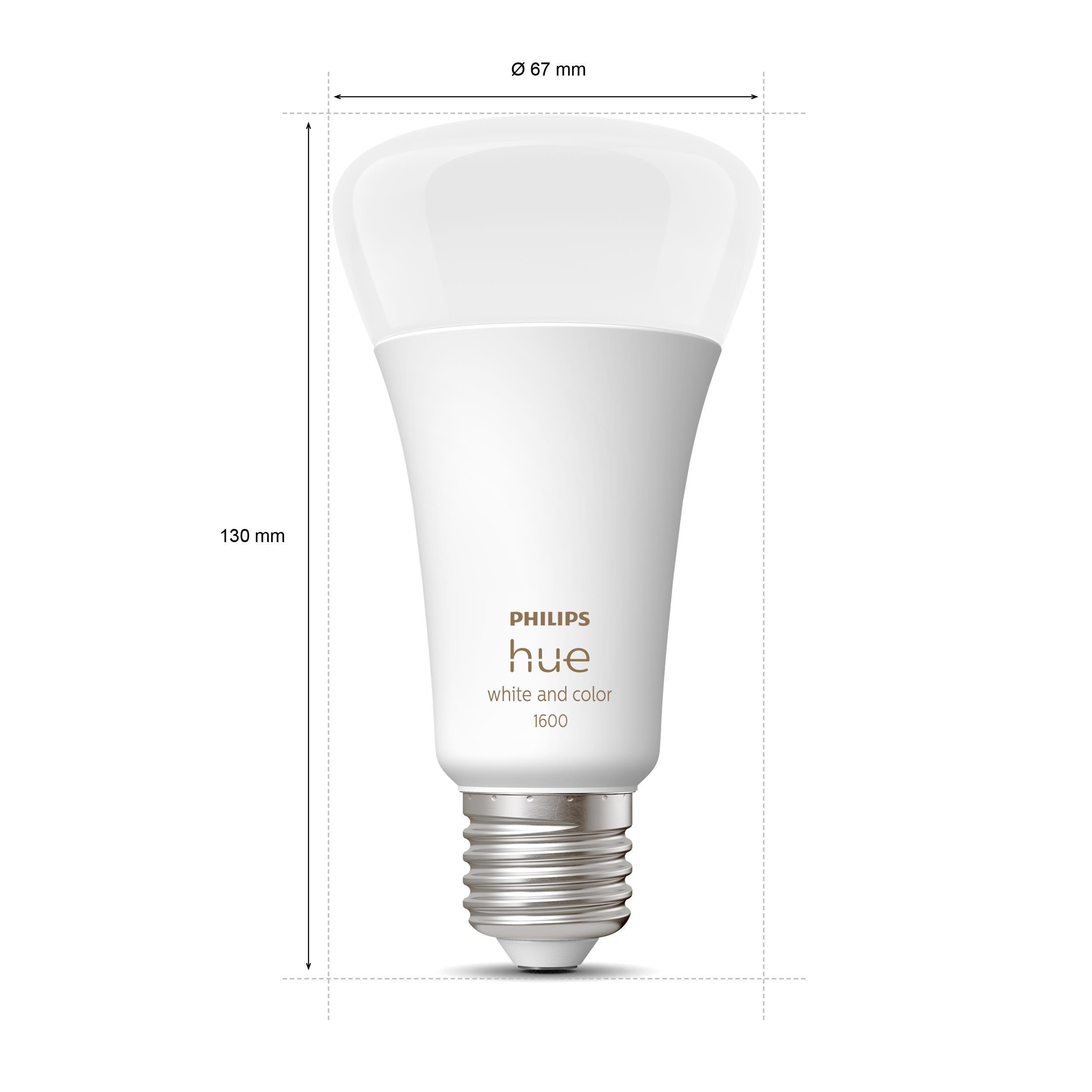 Eine Philips Hue Smart-Glühbirne mit angezeigten Abmessungen.
