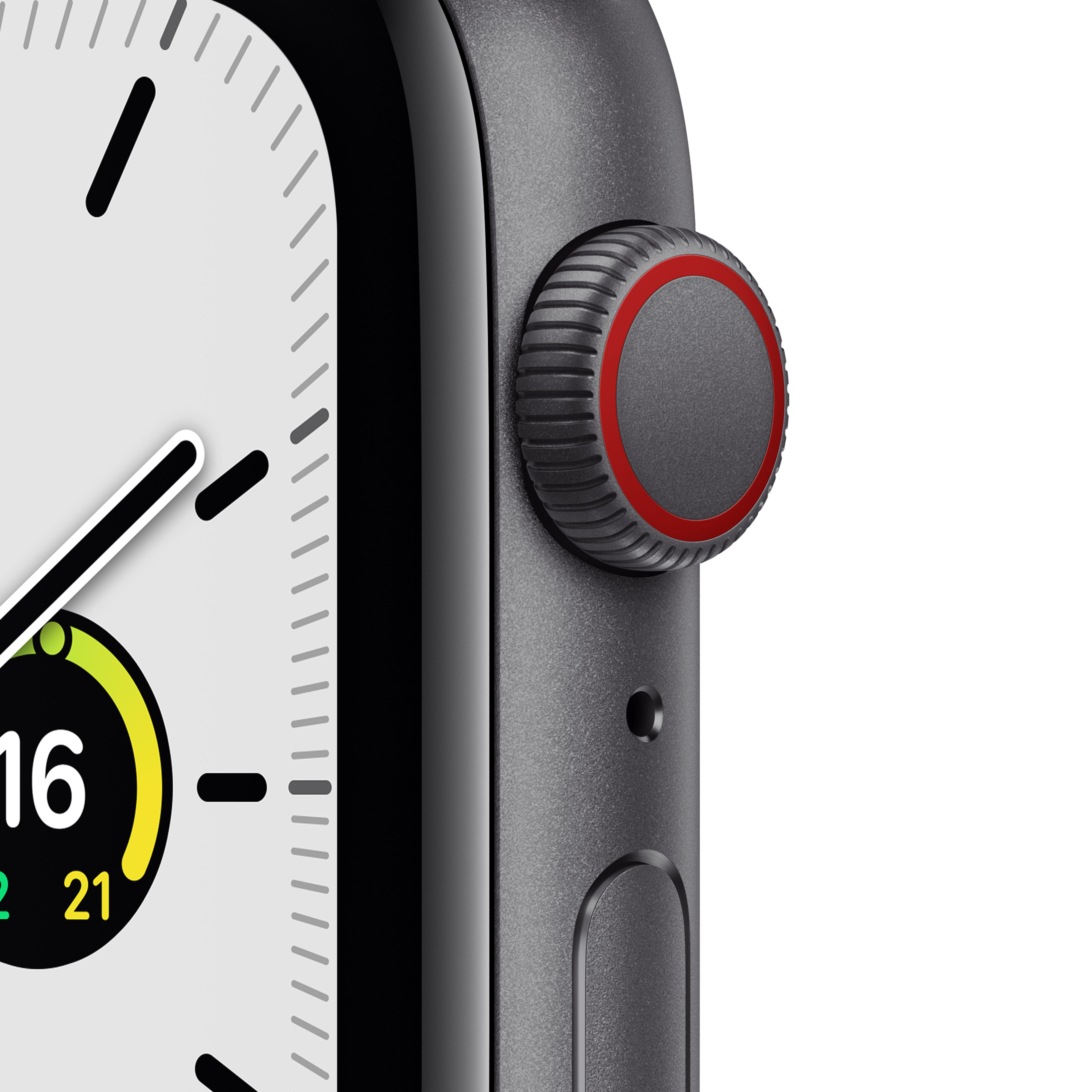 Primer plano de la caja negra del Apple Watch, corona con anillo rojo y botón lateral.