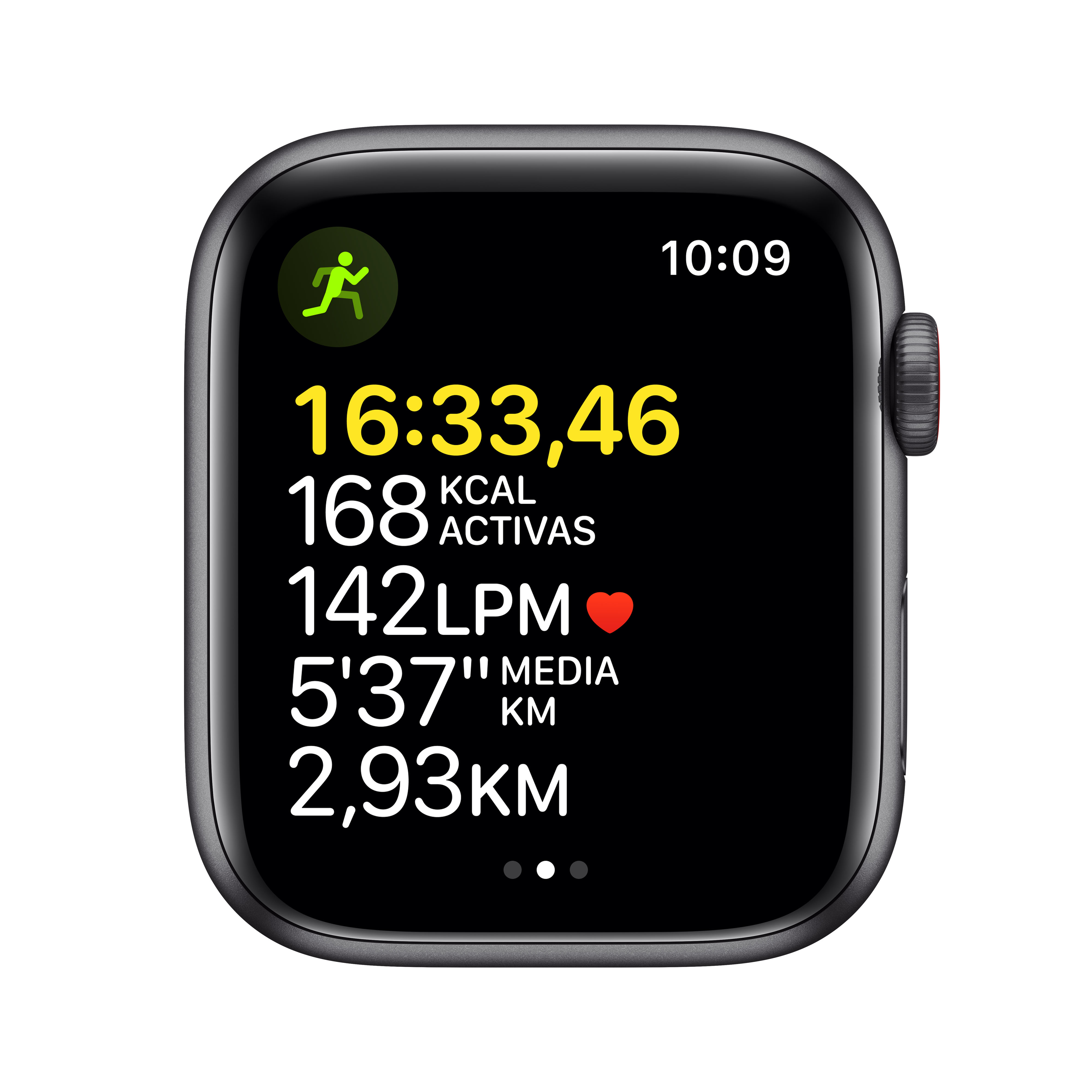 Un Apple Watch negro mostrando datos de entrenamiento: tiempo, calorías, BPM y distancia.