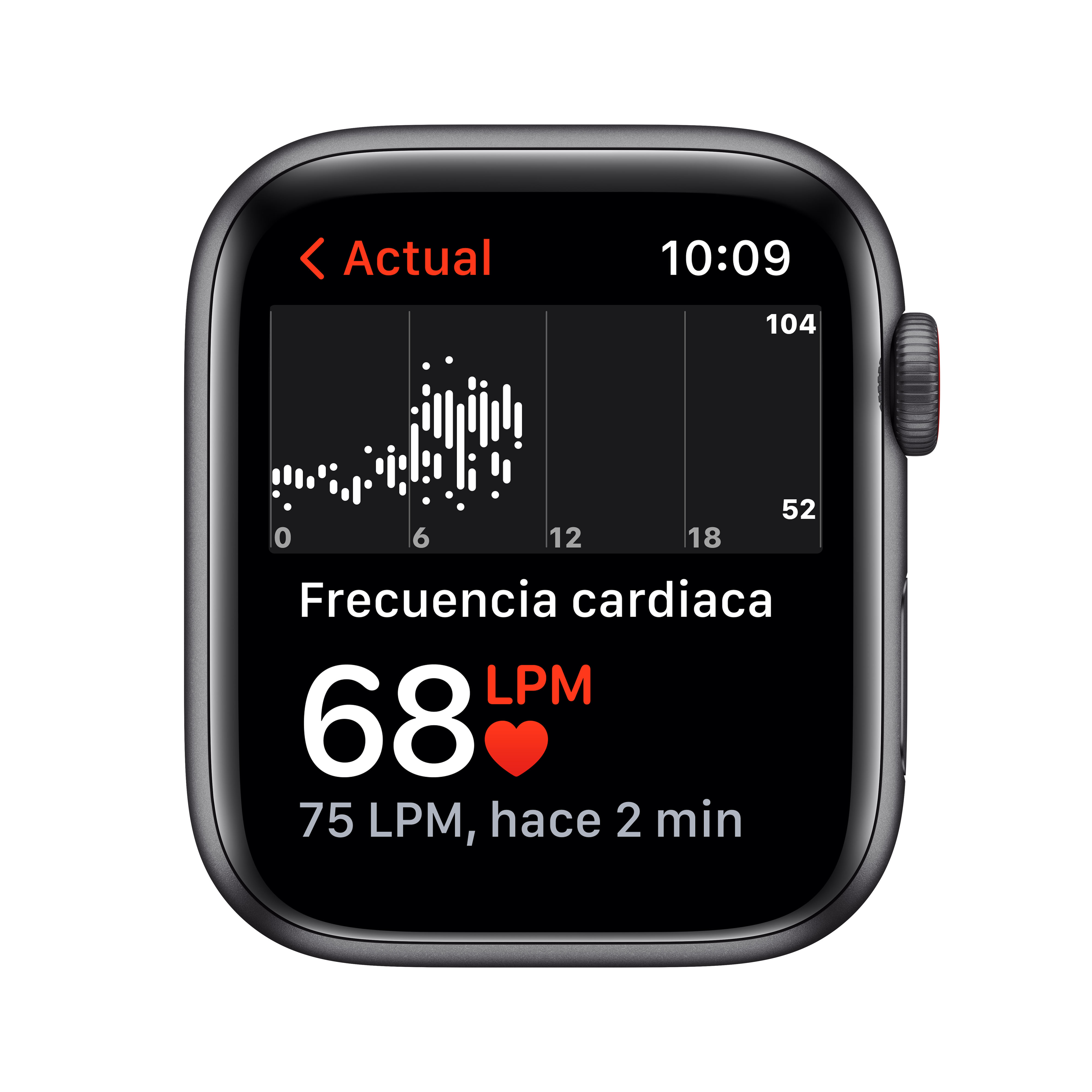 Pantalla negra de Apple Watch mostrando datos de frecuencia cardíaca y un gráfico.