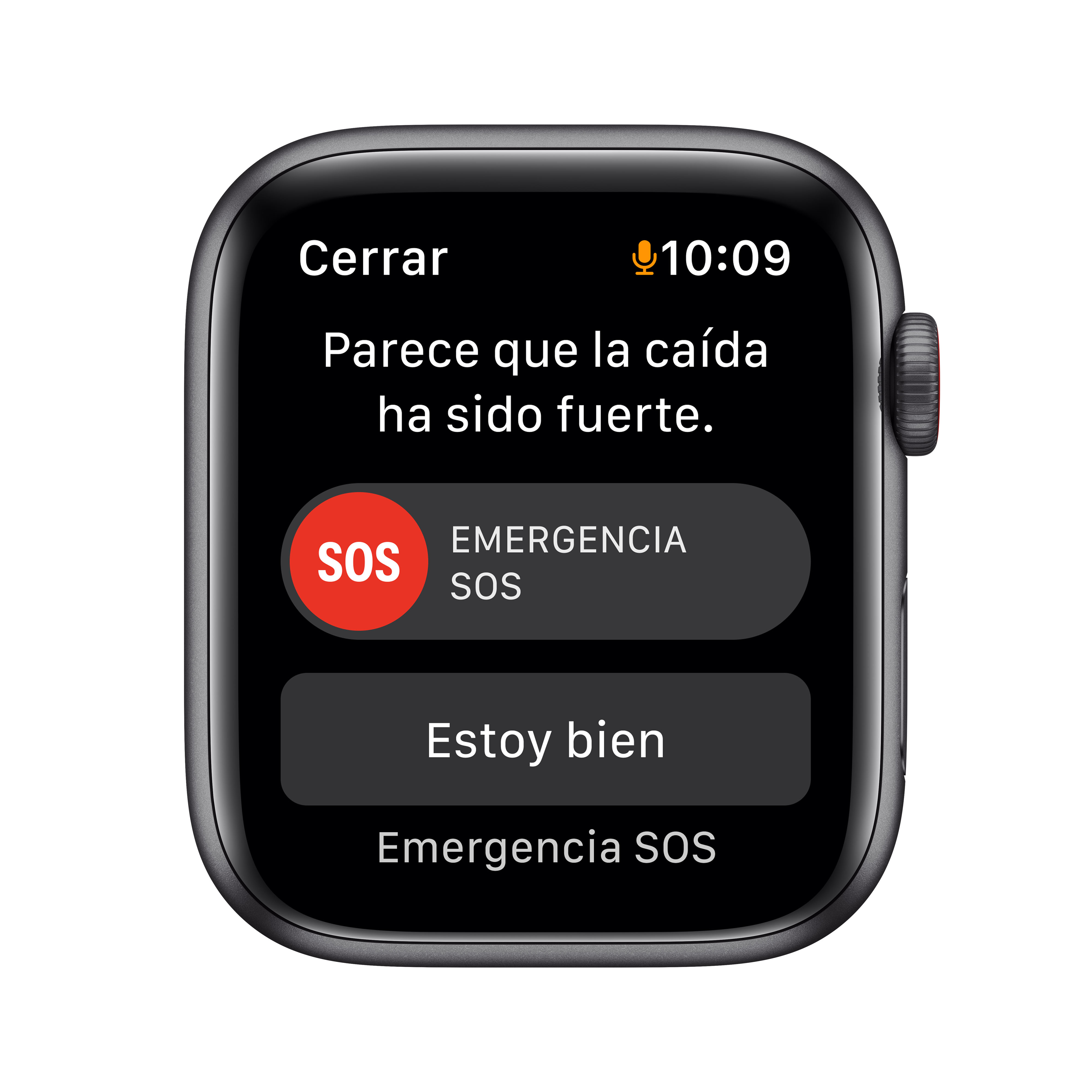 Pantalla del Apple Watch que muestra opciones de emergencia SOS y las 10:09.