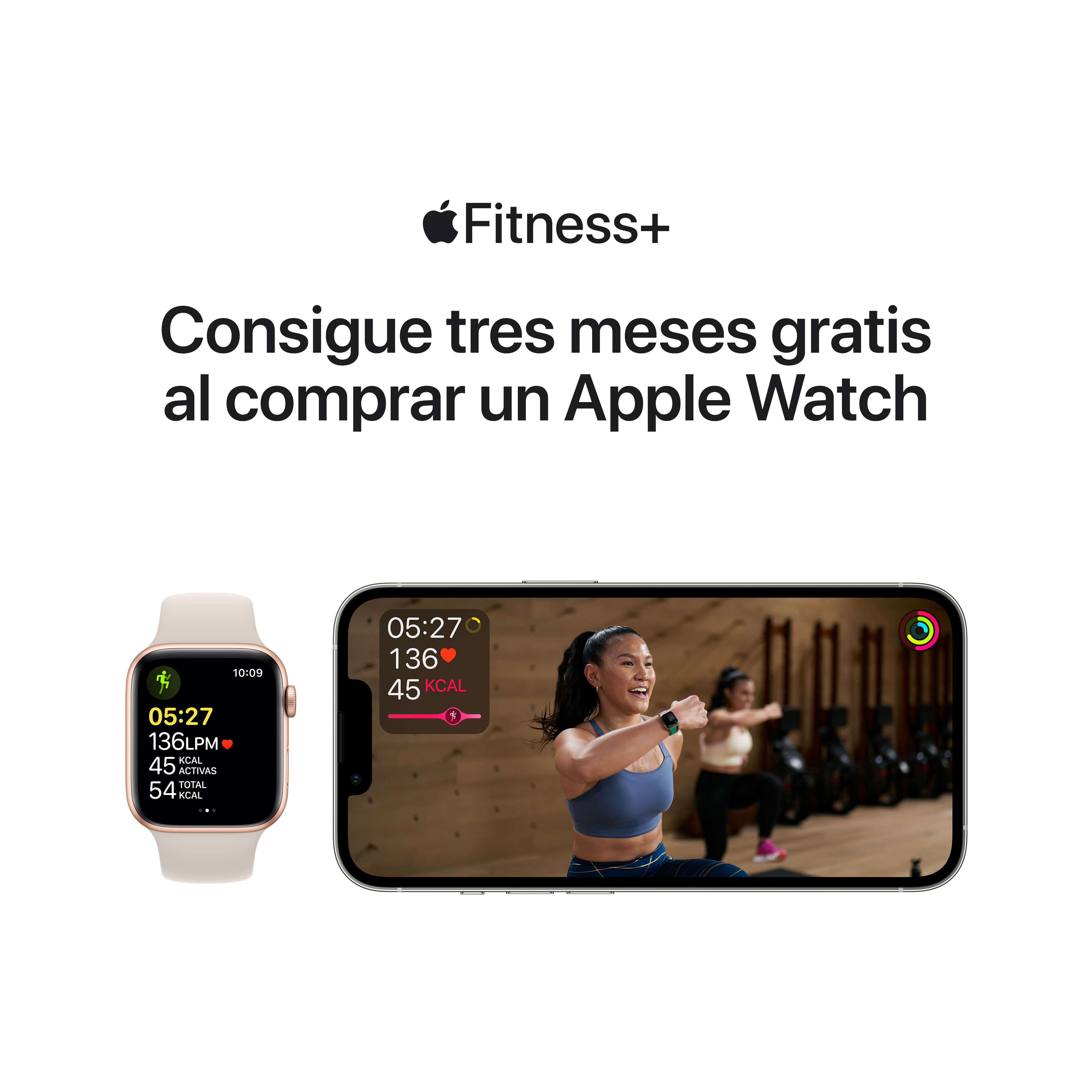 Un anuncio muestra un Apple Watch y una mujer haciendo ejercicio mientras usa un teléfono.