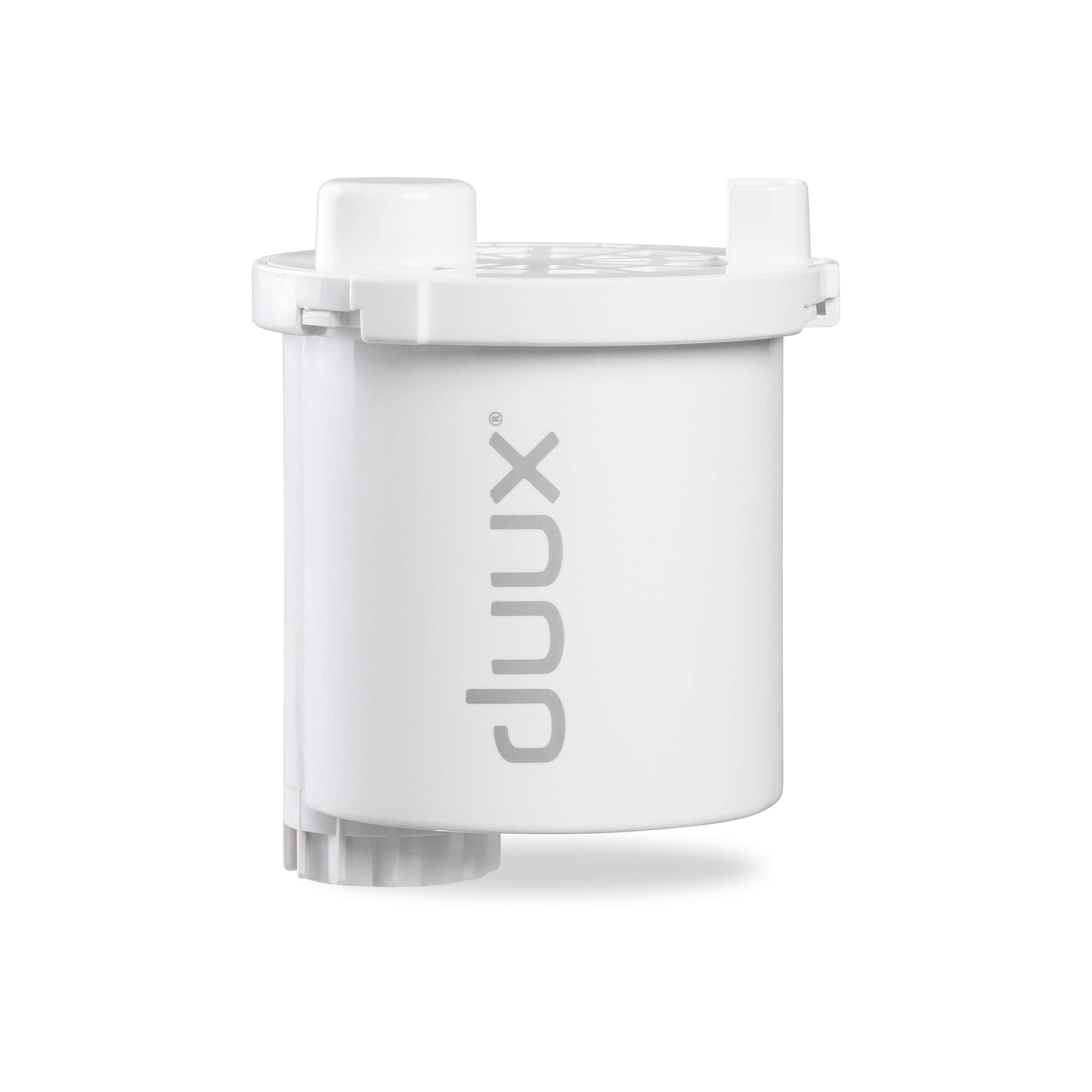 Ein weißer zylindrischer Wasserfilter der Marke 'duux' auf weißem Hintergrund.